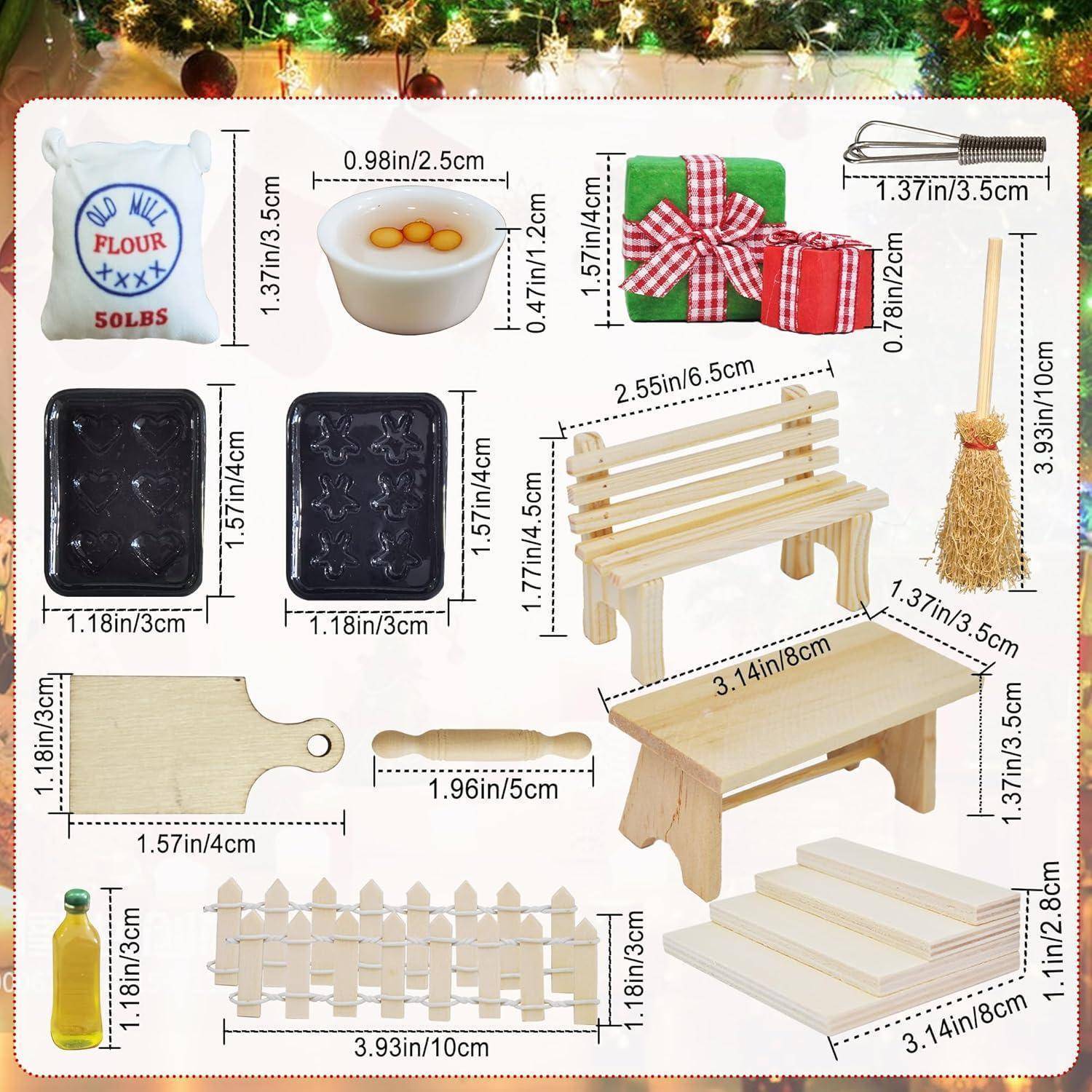 Weihnachtlicher Hintergrund mit verschiedenen Miniatur-Küchen- und Gartenutensilien, einschließlich Mehlsack, Mixer, Tabletts, Bänken, Geschenken und mehr, mit Größenangaben beschriftet.