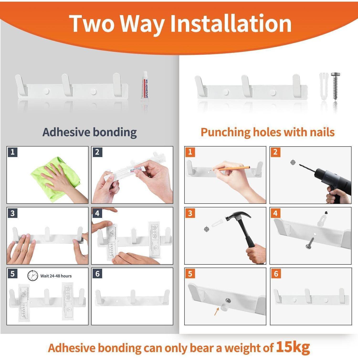 Zwei Installationsmethoden: Klebende Befestigung (reinigen, auftragen, 24-48 Stunden warten) und Anbringen von Löchern mit Nägeln (bohren, hämmern). Unterstützt 15 kg.