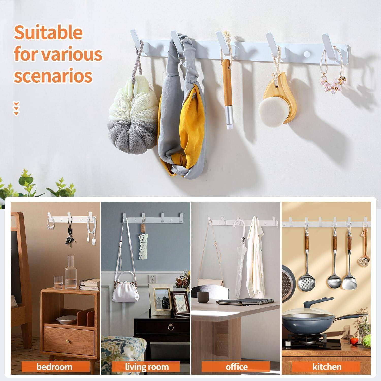 Wandhaken mit verschiedenen Gegenständen wie Taschen und Utensilien zeigen ihre Verwendung in Schlafzimmer-, Wohn-, Büro- und Küchensettings.