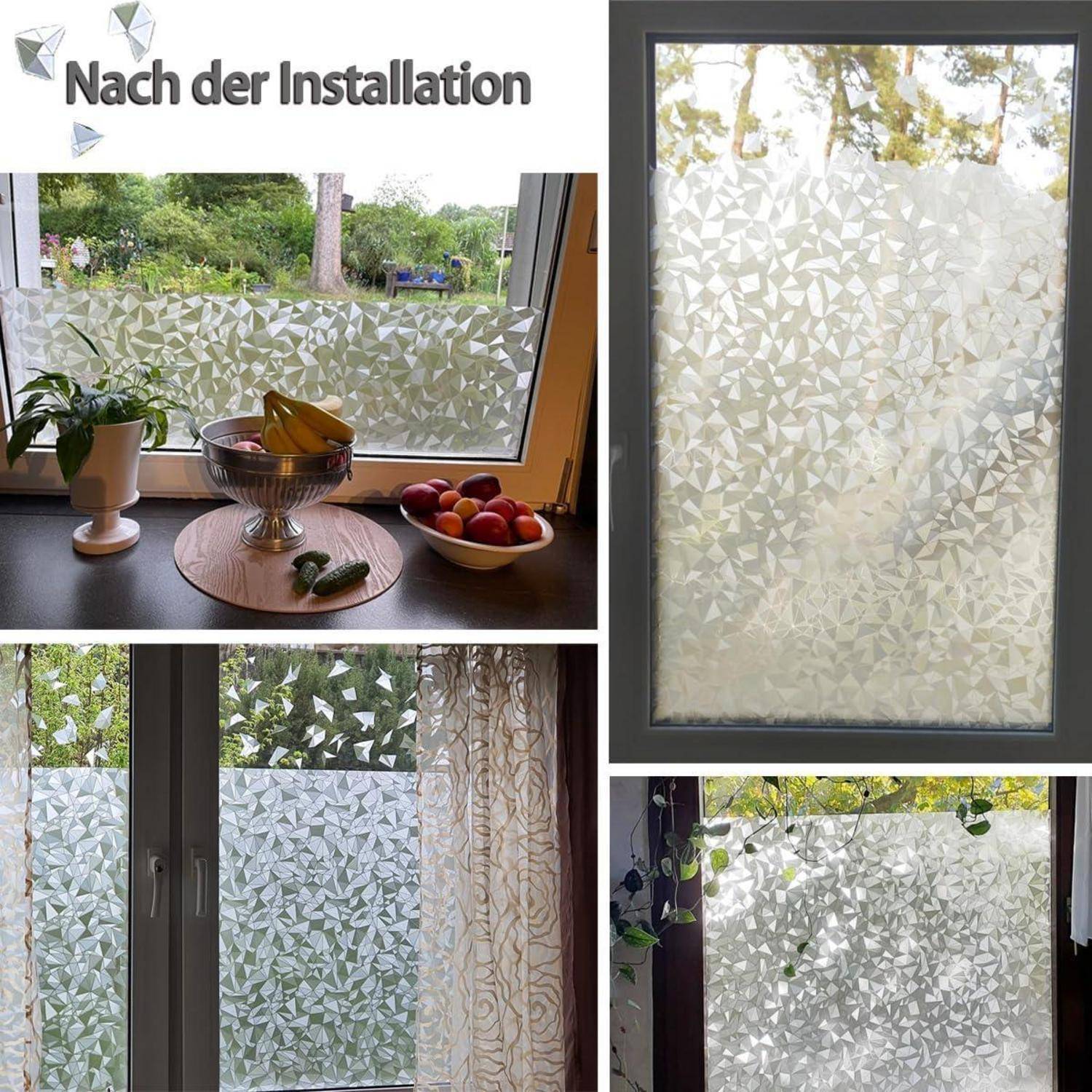 Eine Collage zeigt Fenster mit gefrosteter Dreieckmuster-Folie. Licht filtert hindurch und wirft geometrische Schatten. Der Text lautet 'Nach der Installation'. Früchte und Pflanzen schmücken die Fensterbank.