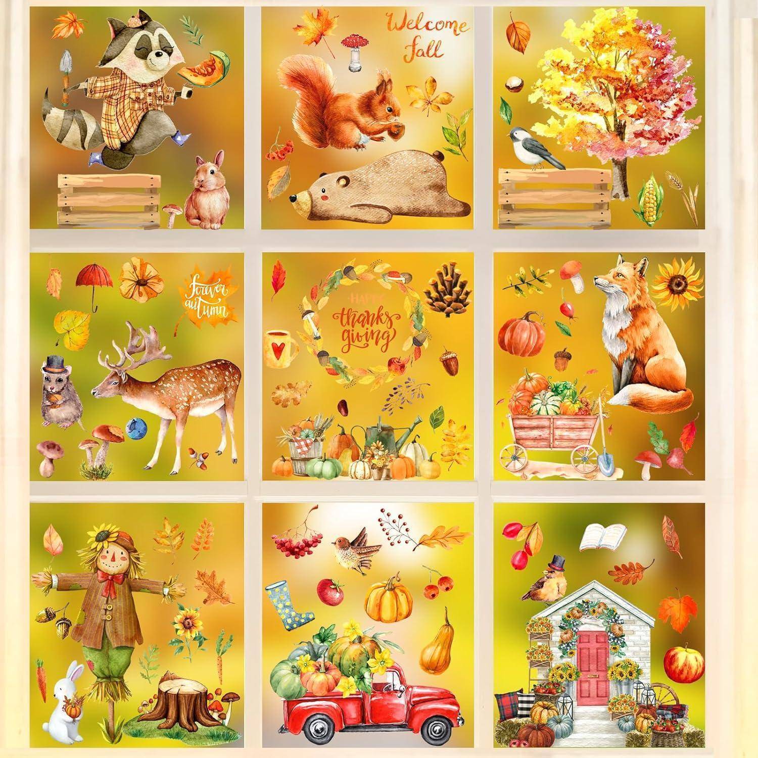Ein Raster aus zwölf Herbst-Illustrationen mit Tieren, Blättern, Kürbissen und Ernteelementen, wobei jedes Quadrat ein anderes Herbstmotiv hervorhebt.