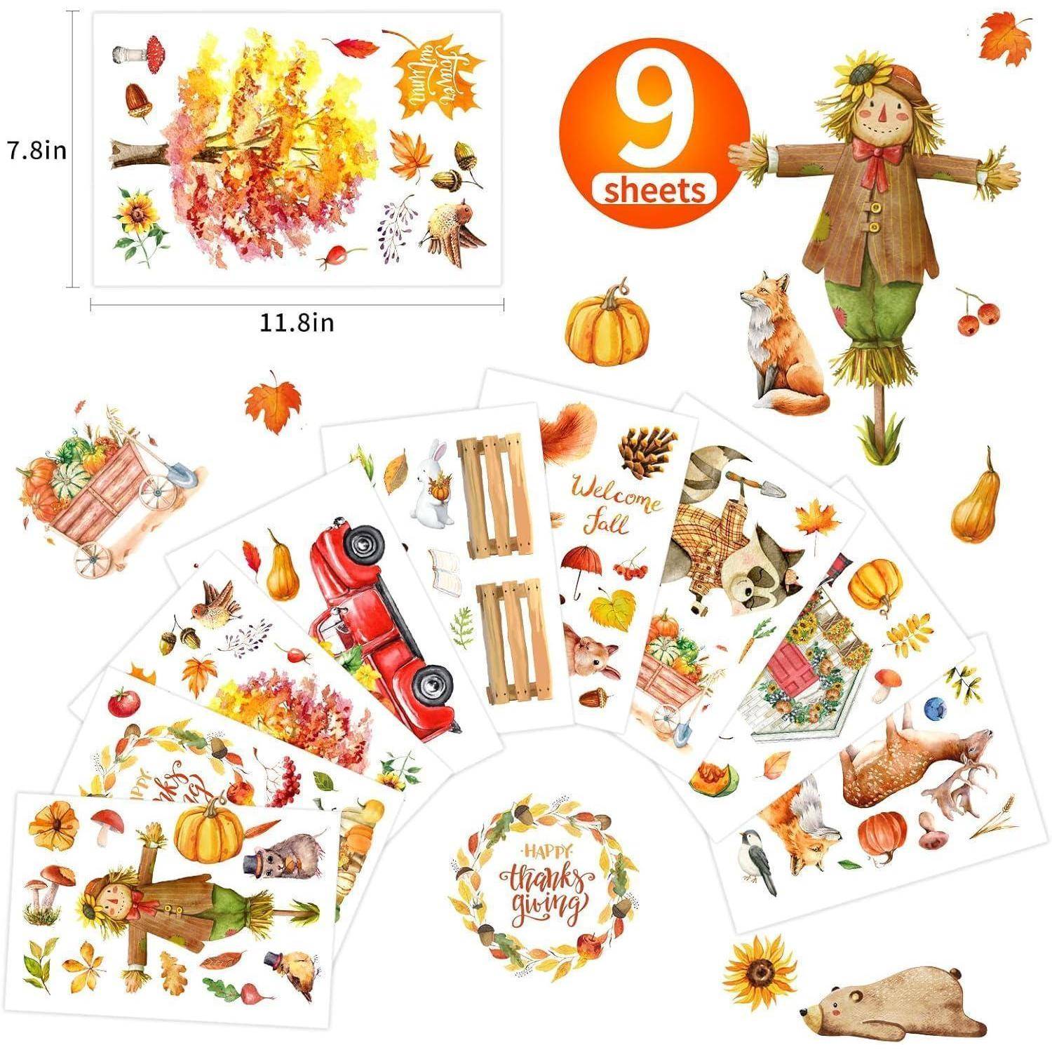 Neun Blätter mit herbstlichen Stickern, die Kürbisse, Blätter, Tiere, einen Vogelscheuchen und einen Lastwagen zeigen. ‚Willkommen Herbst' und ‚Frohen Erntedank' enthalten.