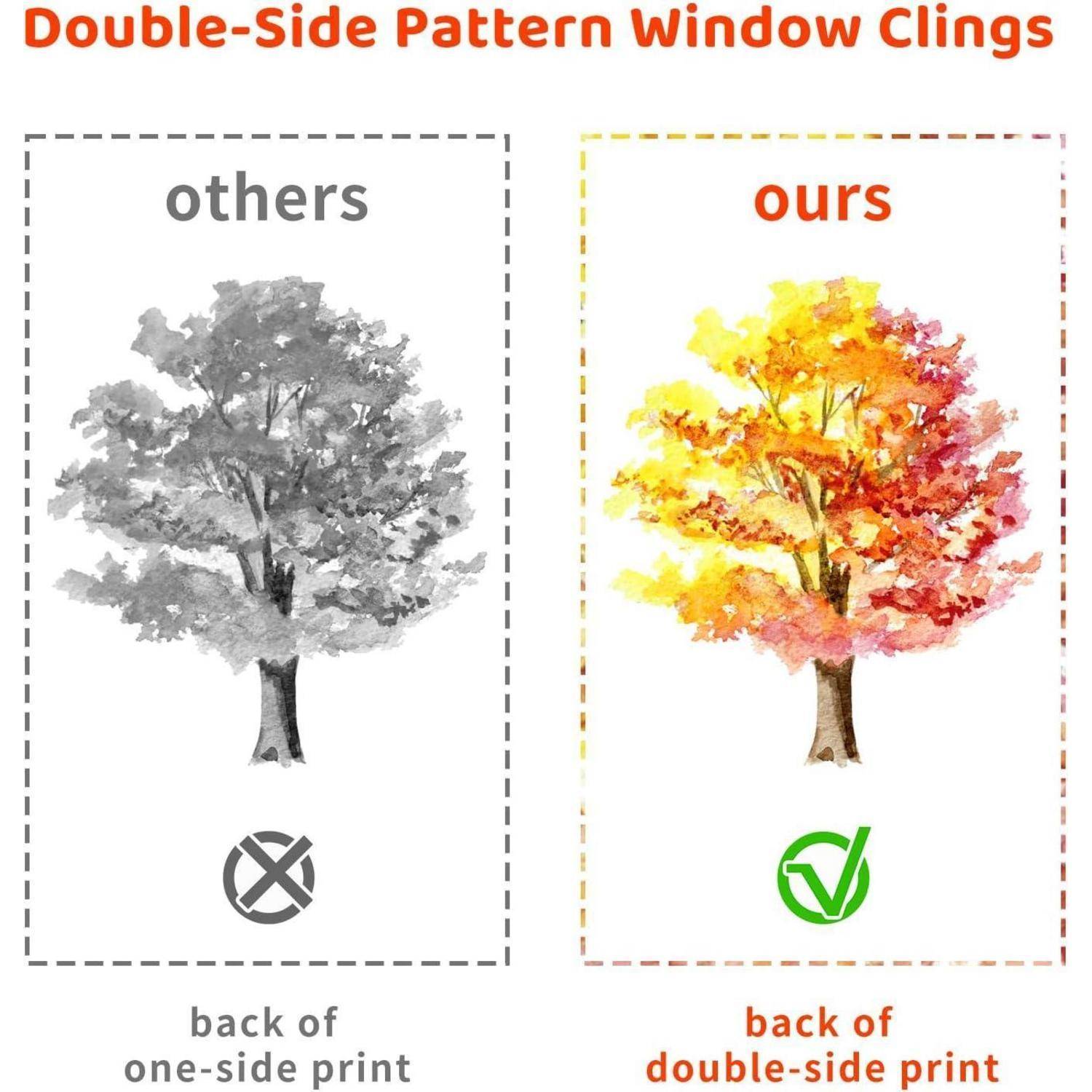 Fensteraufkleber mit doppelseitigem Muster vergleicht den Eindruck eines einseitigen Drucks (grauer Baum, Kreuzzeichen) mit einem zweiseitigen Druck (farbiger Baum, Häkchen).