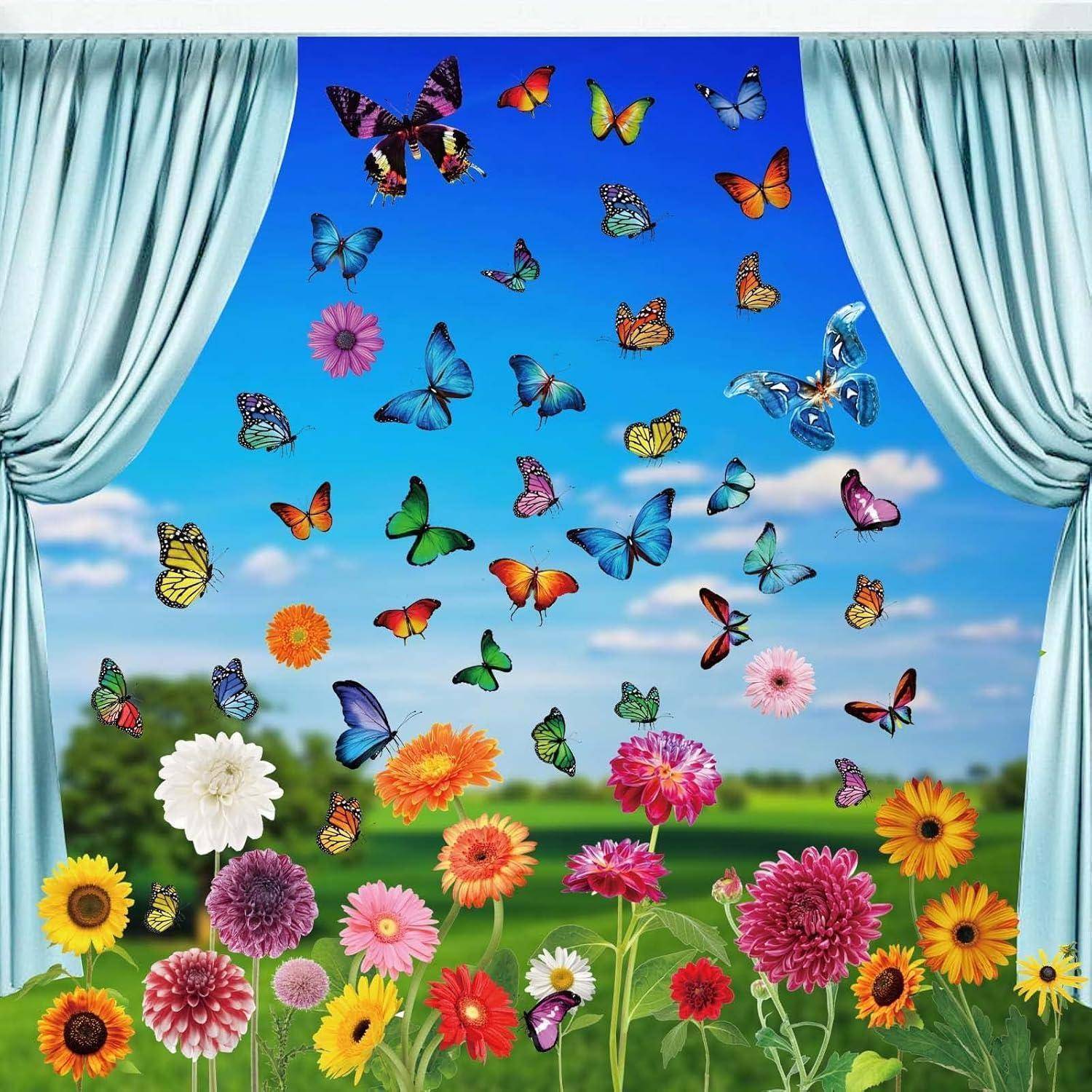 Bunte Schmetterlinge schweben über lebendigen Blumen vor einem klaren blauen Himmel, gerahmt von offenen Vorhängen, was eine Szene im Freien andeutet.
