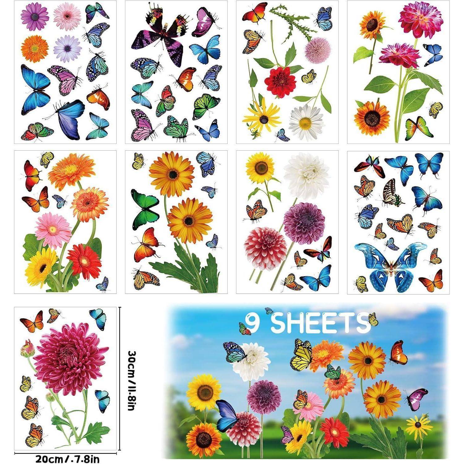 Neun Blätter mit Schmetterlings- und Blumenaufklebern in leuchtenden Farben, die auf einem weißen Hintergrund angeordnet sind und Gänseblümchen und Chrysanthemen umfassen.