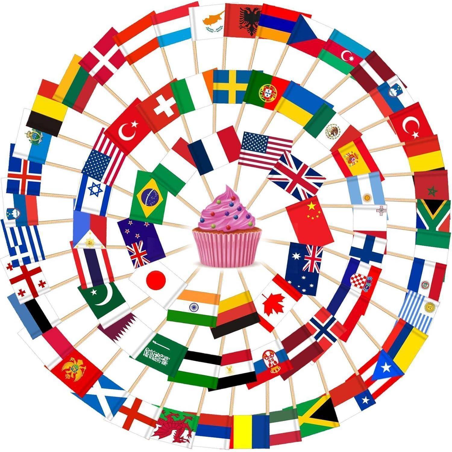 Ein Kreis internationaler Flaggen bildet ein Muster um einen zentralen Cupcake herum und symbolisiert globale Einheit durch eine gemeinsame Liebe zu Süßigkeiten.