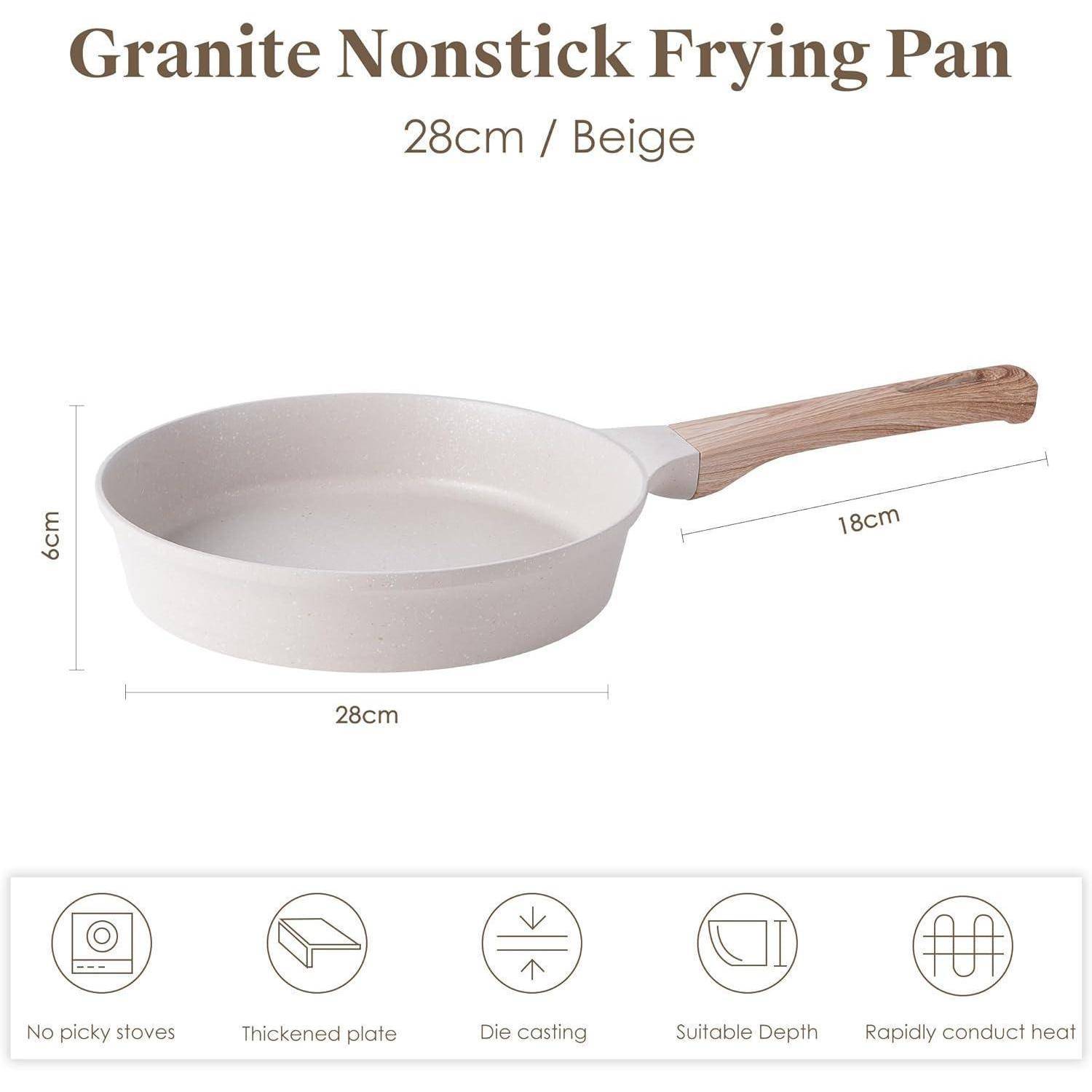 Granit-Antihaft-Pfanne, beige, 28 cm Durchmesser, 6 cm Tiefe mit Holzgriff. Zu den Merkmalen gehören Vielseitigkeit, verstärkte Platte und schnelle Wärmeleitung.