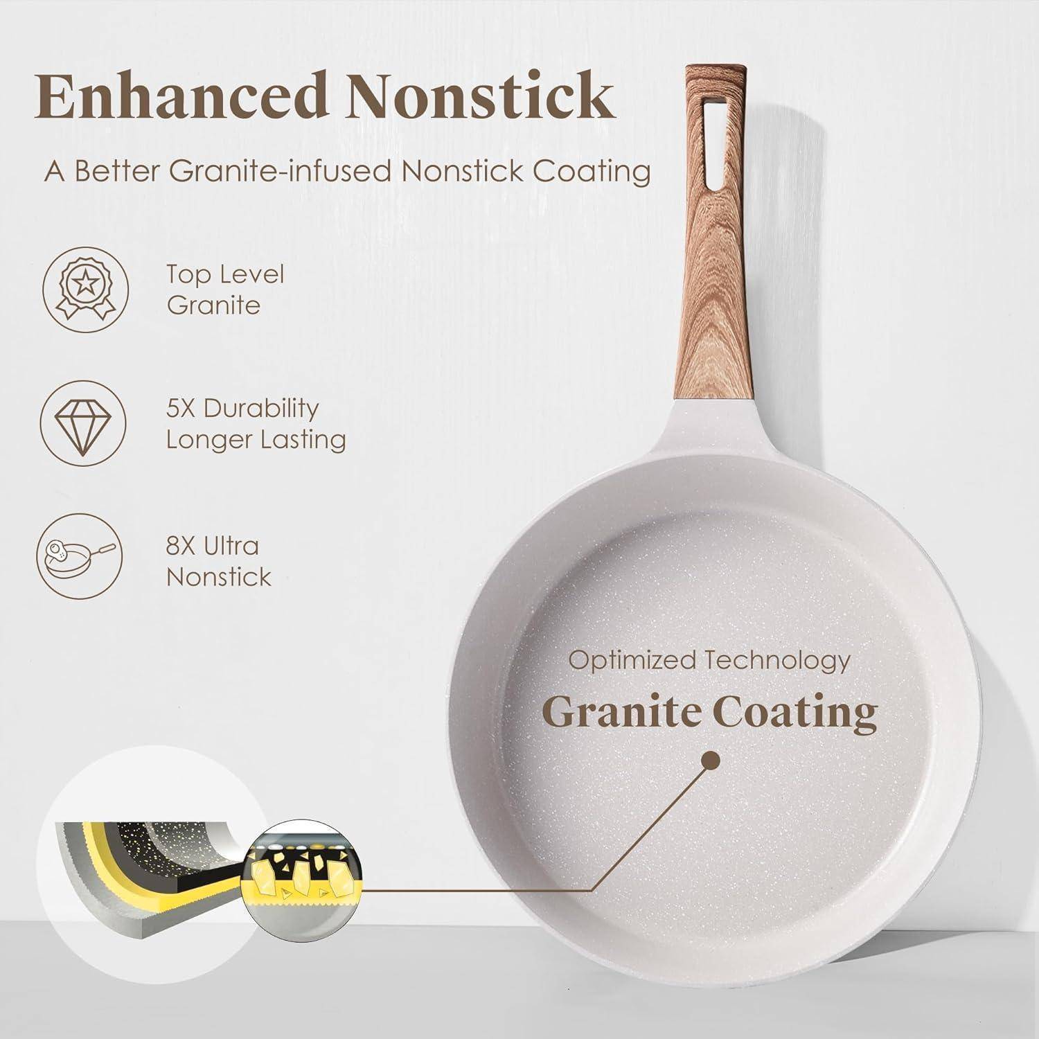 Bratpfanne mit 'Enhanced Nonstick' Granitbeschichtung. Merkmale umfassen erstklassiges Granit, 5-fache Haltbarkeit, 8-fache Antihafteigenschaften, Holzgriff.
