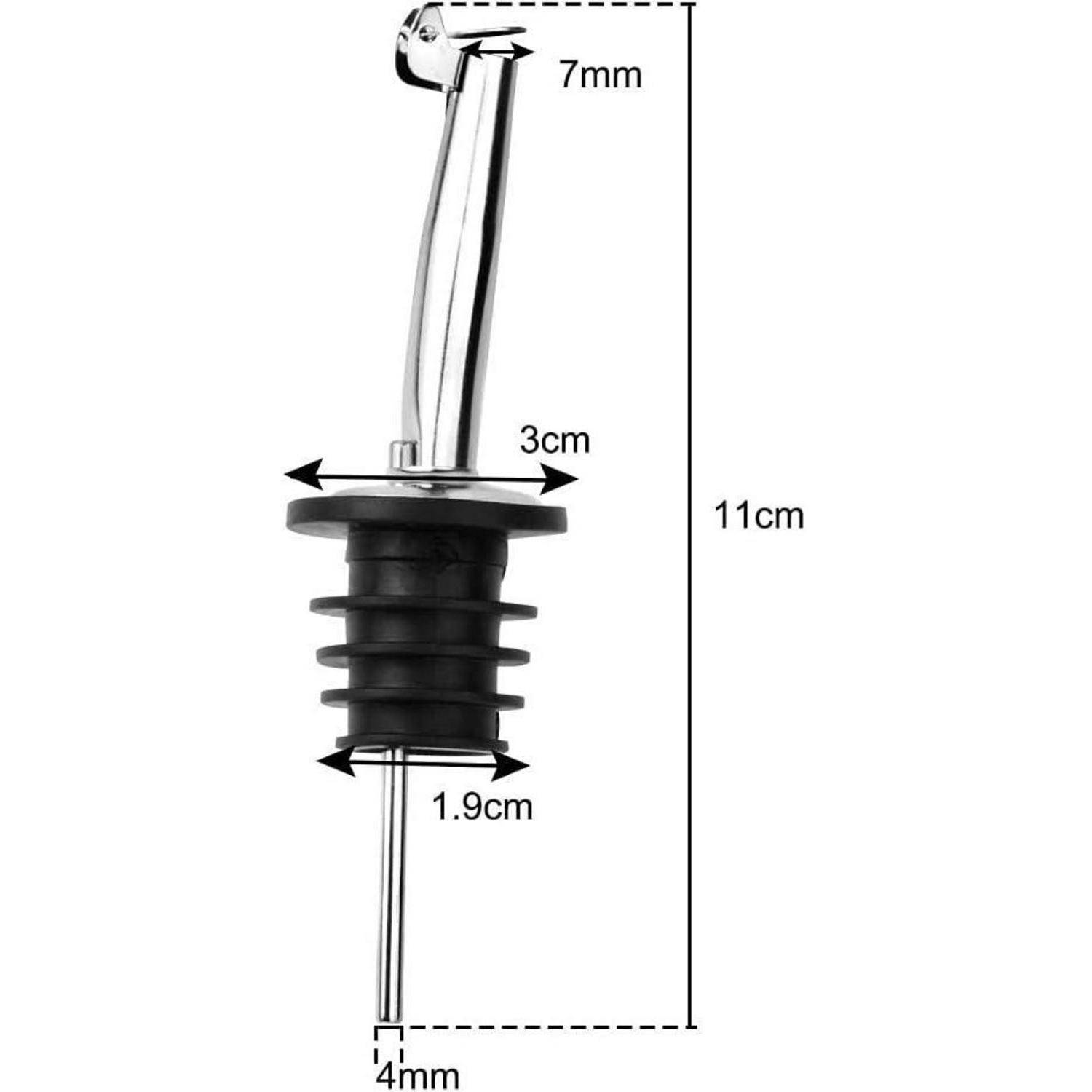 Metallgießschnauze mit Gummistopfen, Maße beschriftet: Länge 11 cm, Schnauzenbreite 7 mm, Basis 3 cm, untere Breite 1,9 cm, Tiefe 4 mm.