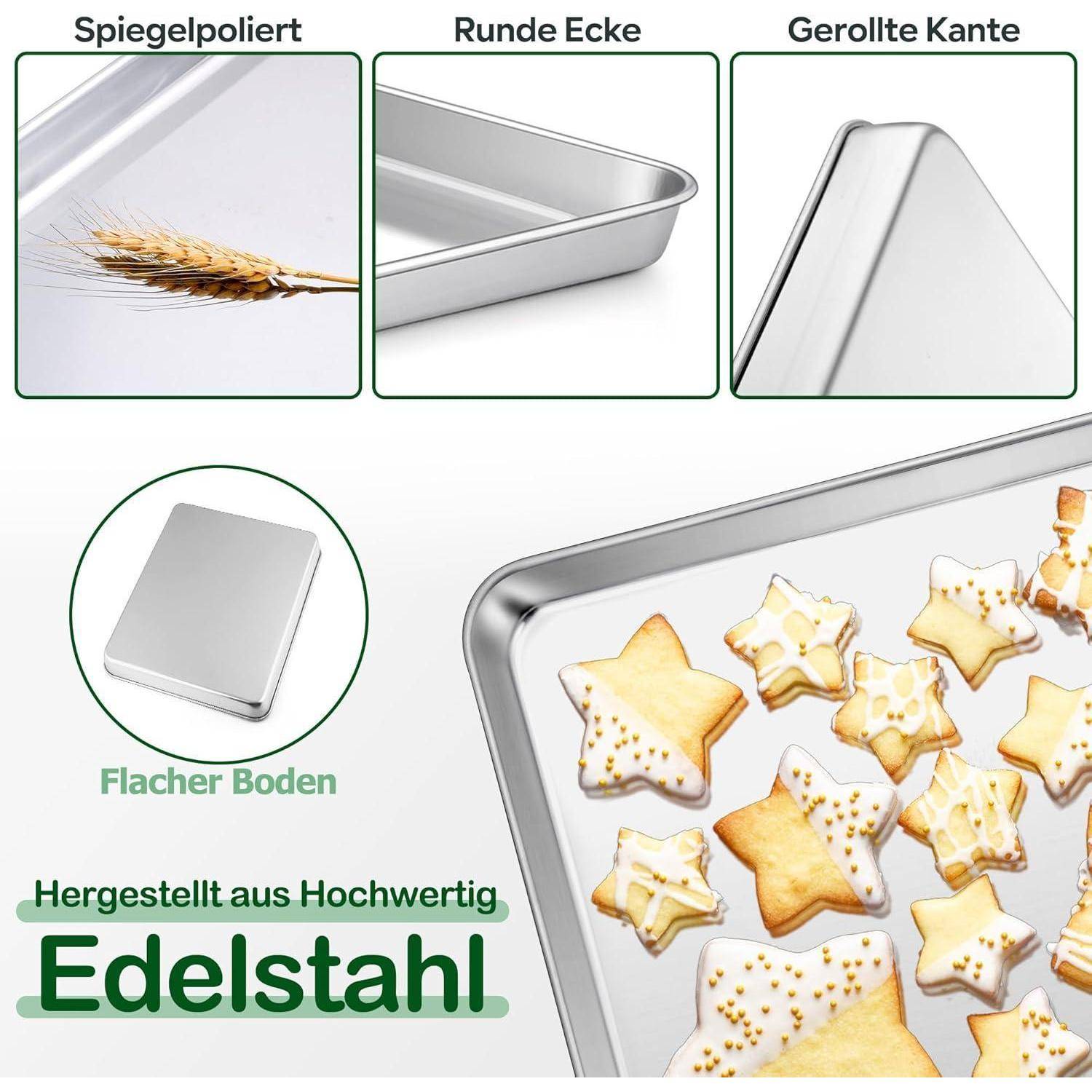 Backblech aus hochwertigem Edelstahl mit abgerundeten Ecken, umgerollten Kanten und flachem Boden. Ideal zum Backen von Keksen.