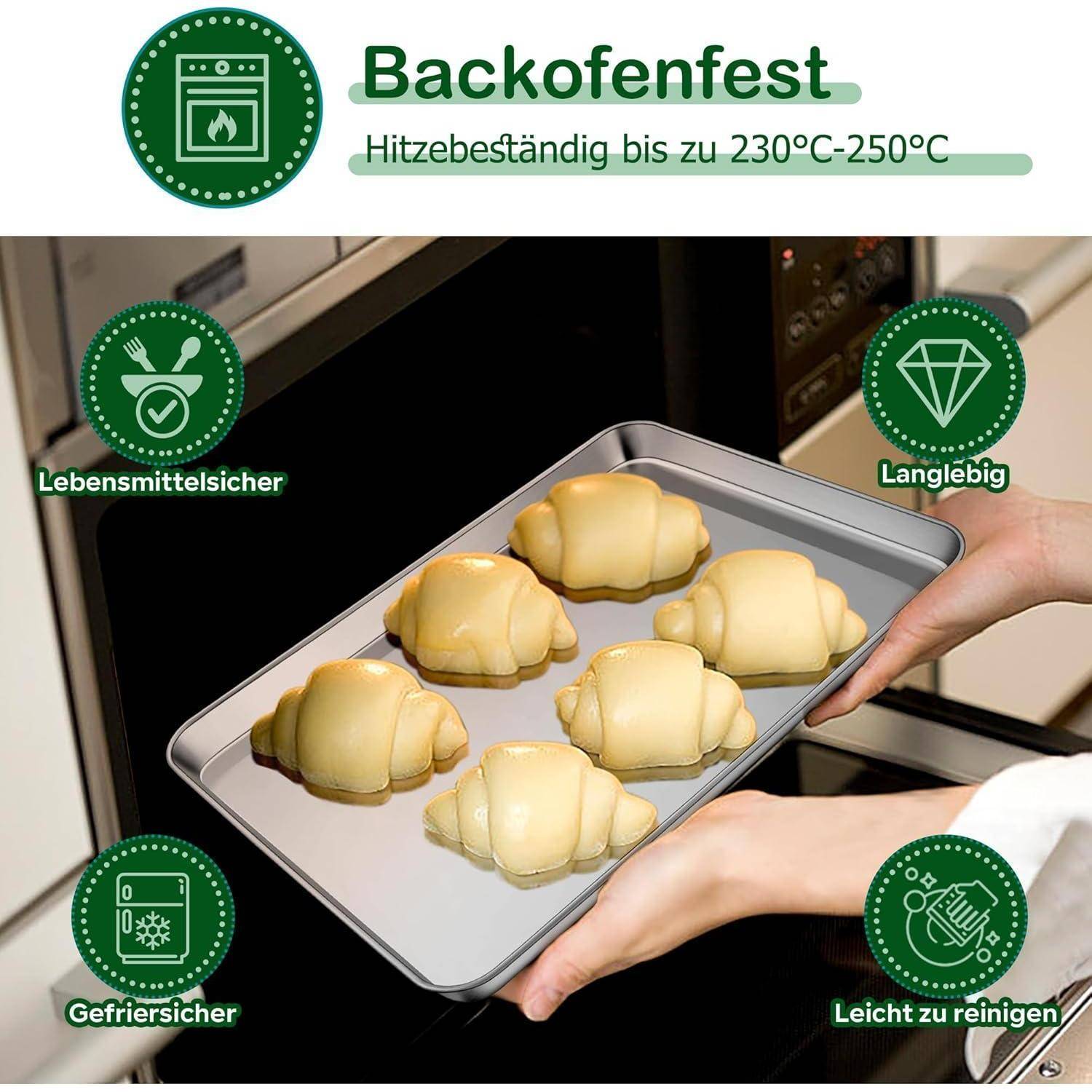 Eine Hand schiebt ein Tablett mit Croissants in einen Ofen. Deutsche Beschriftung sagt ‚Ofenfest' und ‚Hitzbeständig bis zu 230°C-250°C'. Icons betonen Haltbarkeit, Lebensmittelsicherheit, Gefrierschrankgeeignetheit und einfache Reinigung.