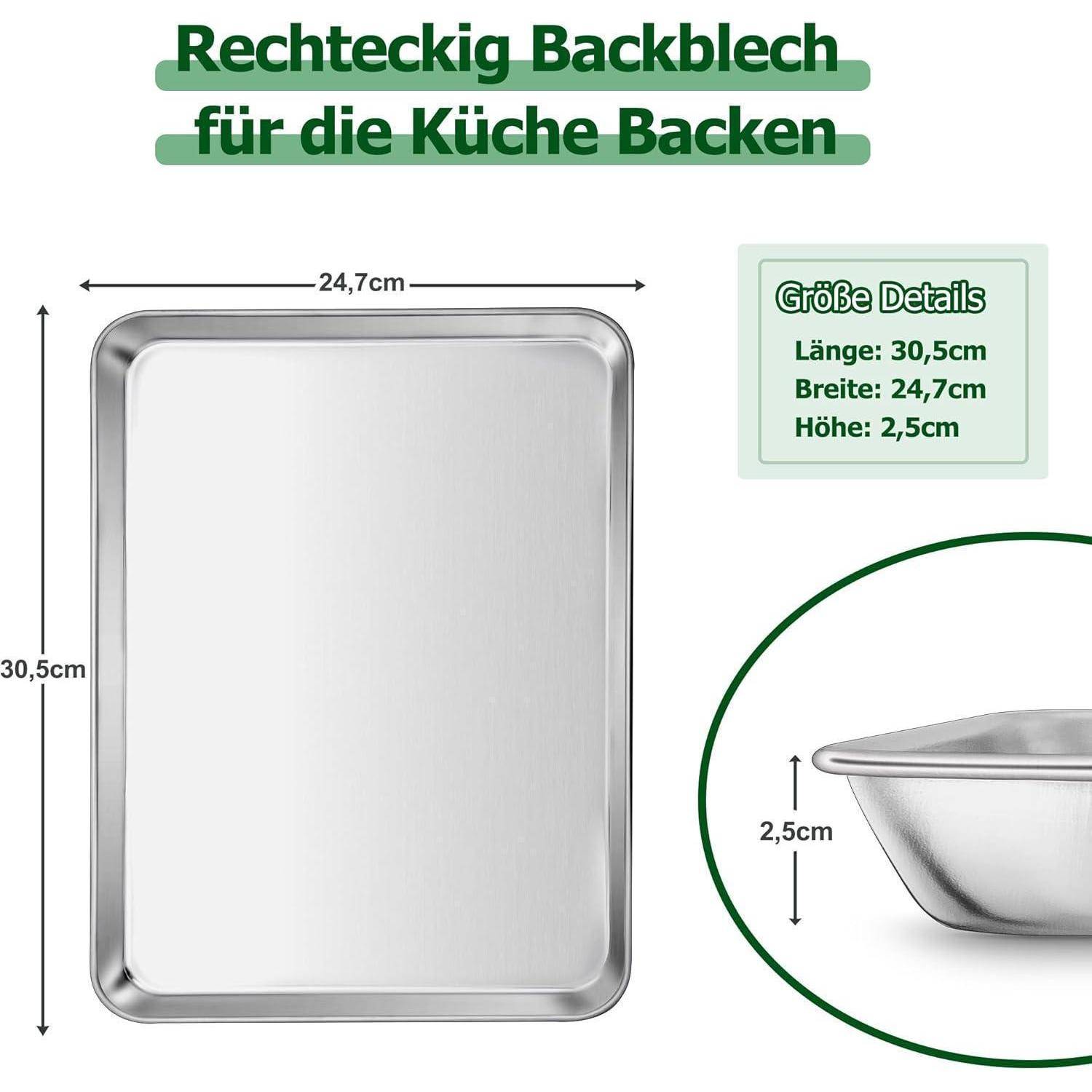 Rechteckige Backform für Küchenbäckerei mit Abmessungen von 30,5 cm x 24,7 cm x 2,5 cm neben der Backform dargestellt.