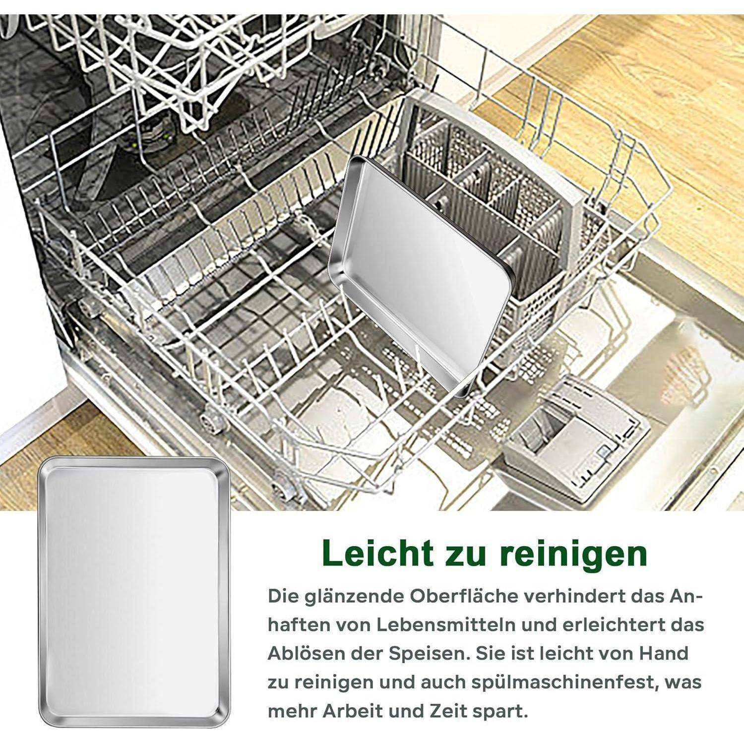 Ein Backblech wird in einem offenen Geschirrspüler platziert. Text liest sich: 