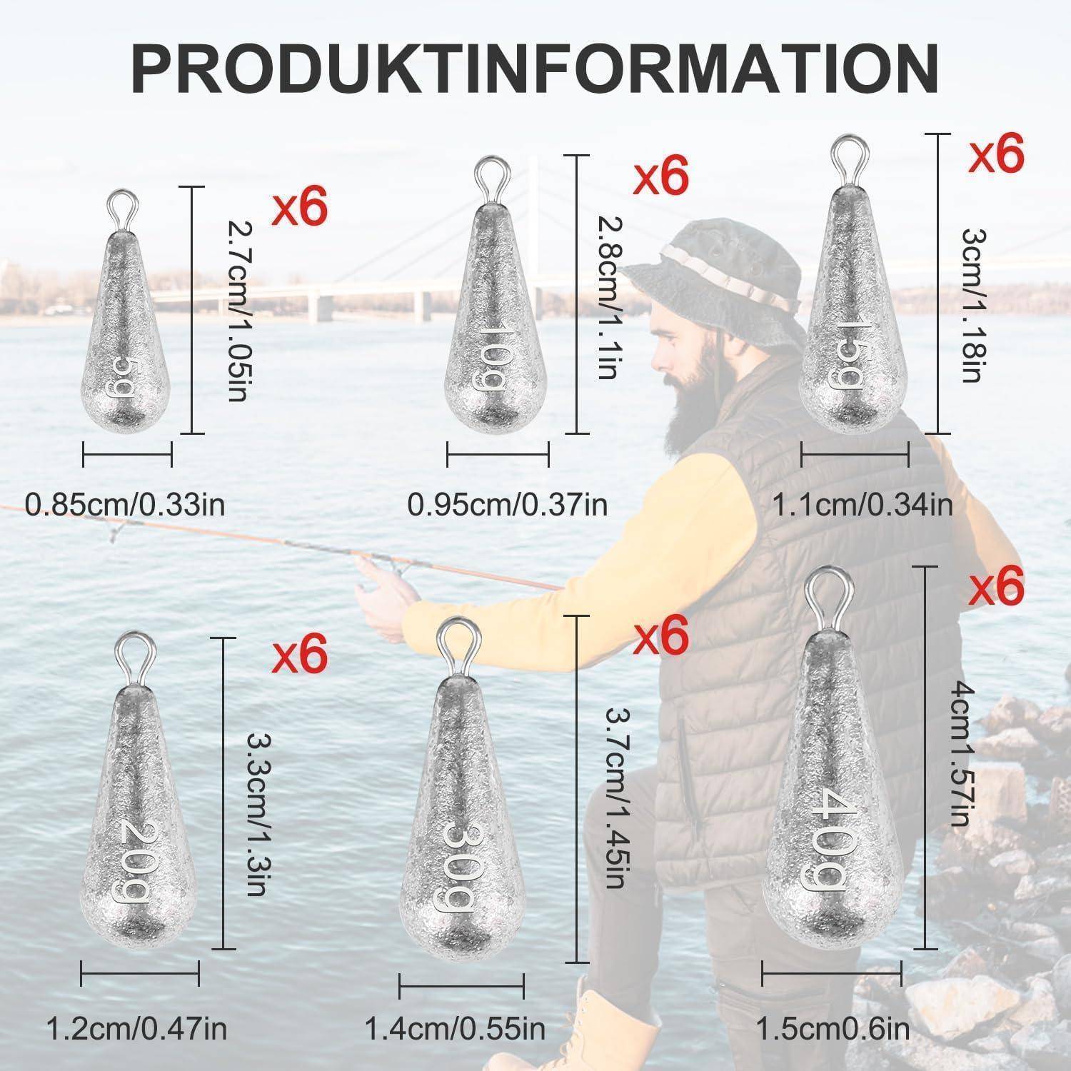 36-teiliges Tropfenform Blei Angelgewichte Set 5g-40g, Drop Shot Blei