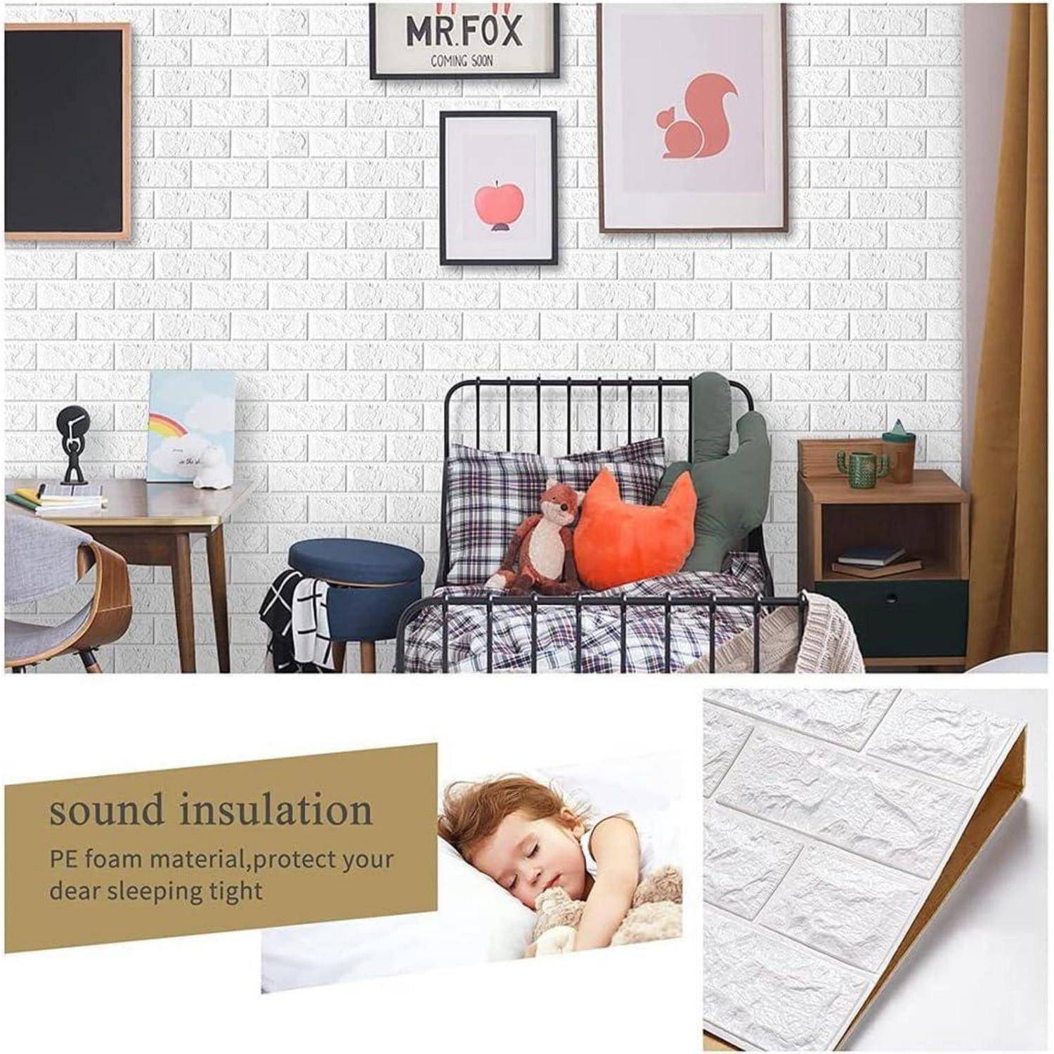 Ein Kinderzimmer zeigt ein Bett mit Plüschtieren, gerahmter Kunst an einer weißen Ziegelwand und eine Botschaft über die Schalldämmungsvorteile von PE-Schaum.