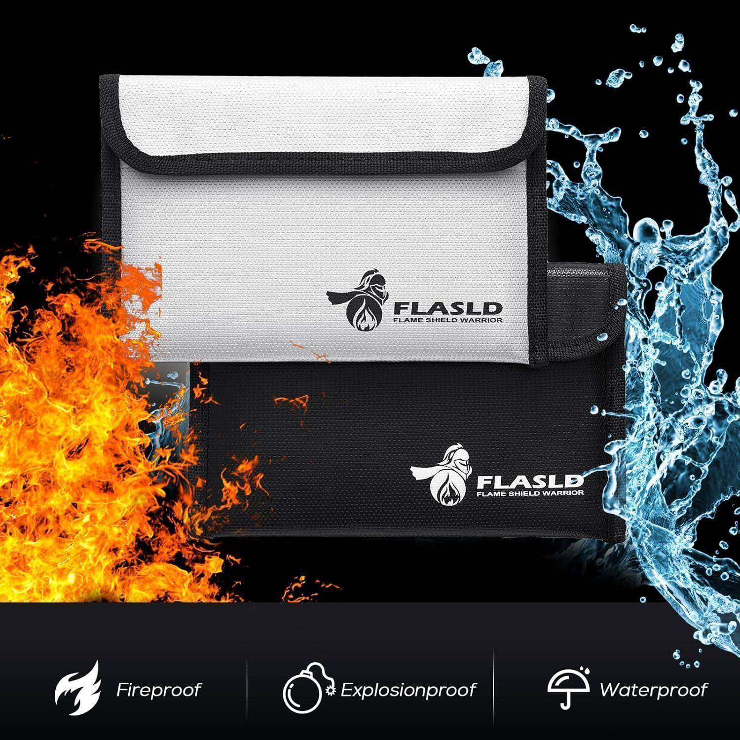 Eine feuerfeste und wasserdichte Tasche mit dem 'Flame Shield Warrior' Logo, umgeben von Feuer- und Wasserelementen, die Haltbarkeit demonstriert.
