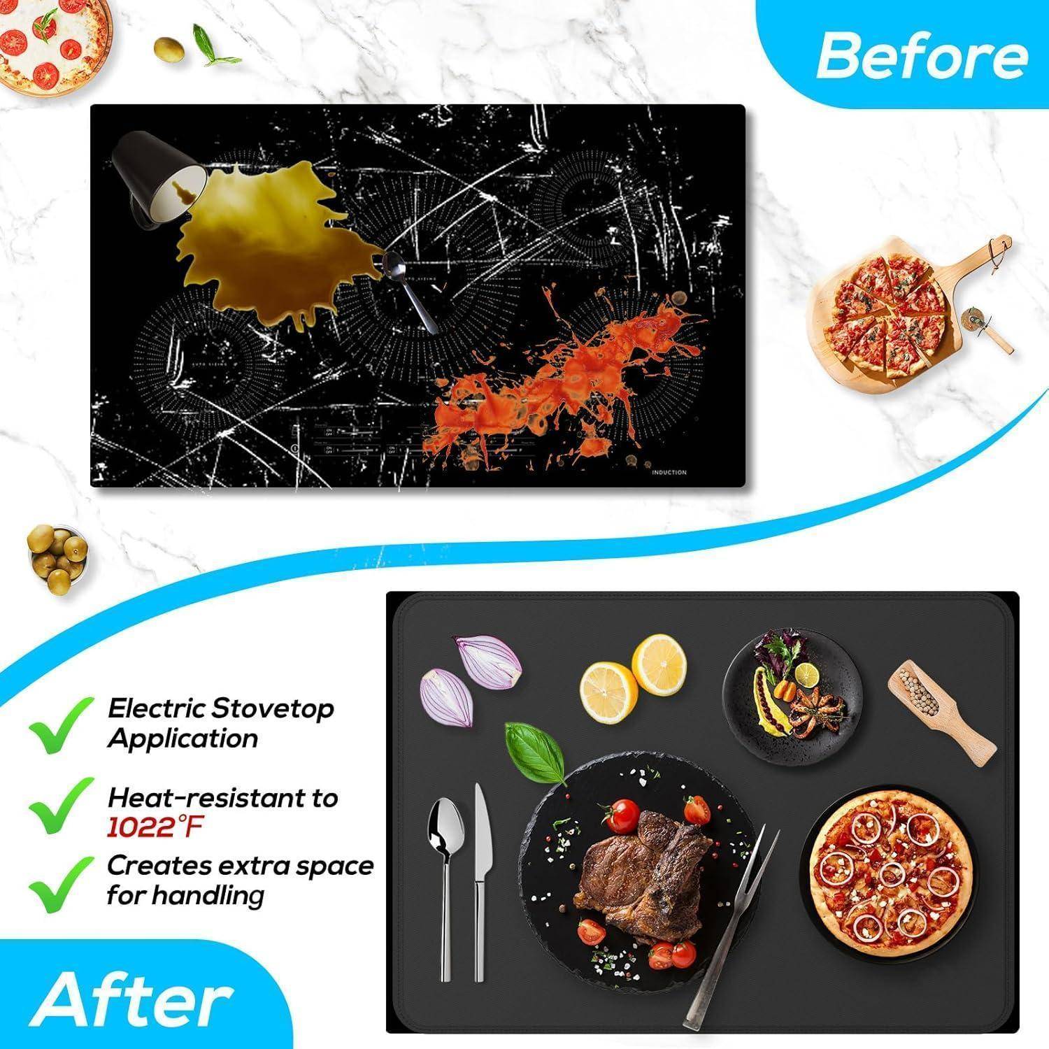 Vorher-Nachher-Vergleich von Kochflächen. Das obere Bild zeigt eine unordentliche, fleckige Oberfläche; das untere Bild präsentiert eine saubere, organisierte Fläche mit Steak, Salat und Küchenutensilien. Merkmale: Elektroherd, hitzebeständig bis zu 1022°F, zusätzlicher Platz zum Arbeiten.