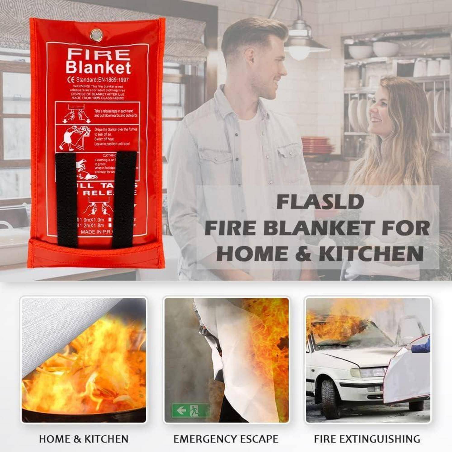 Ein Mann und eine Frau in einer Küchenumgebung mit einer beschrifteten Löschdecke an der Wand. Darunter befinden sich Bilder, die die Verwendung von Feuerlöschern für den Haushalt, zur Flucht und zum Löschen eines Fahrzeugbrandes zeigen.