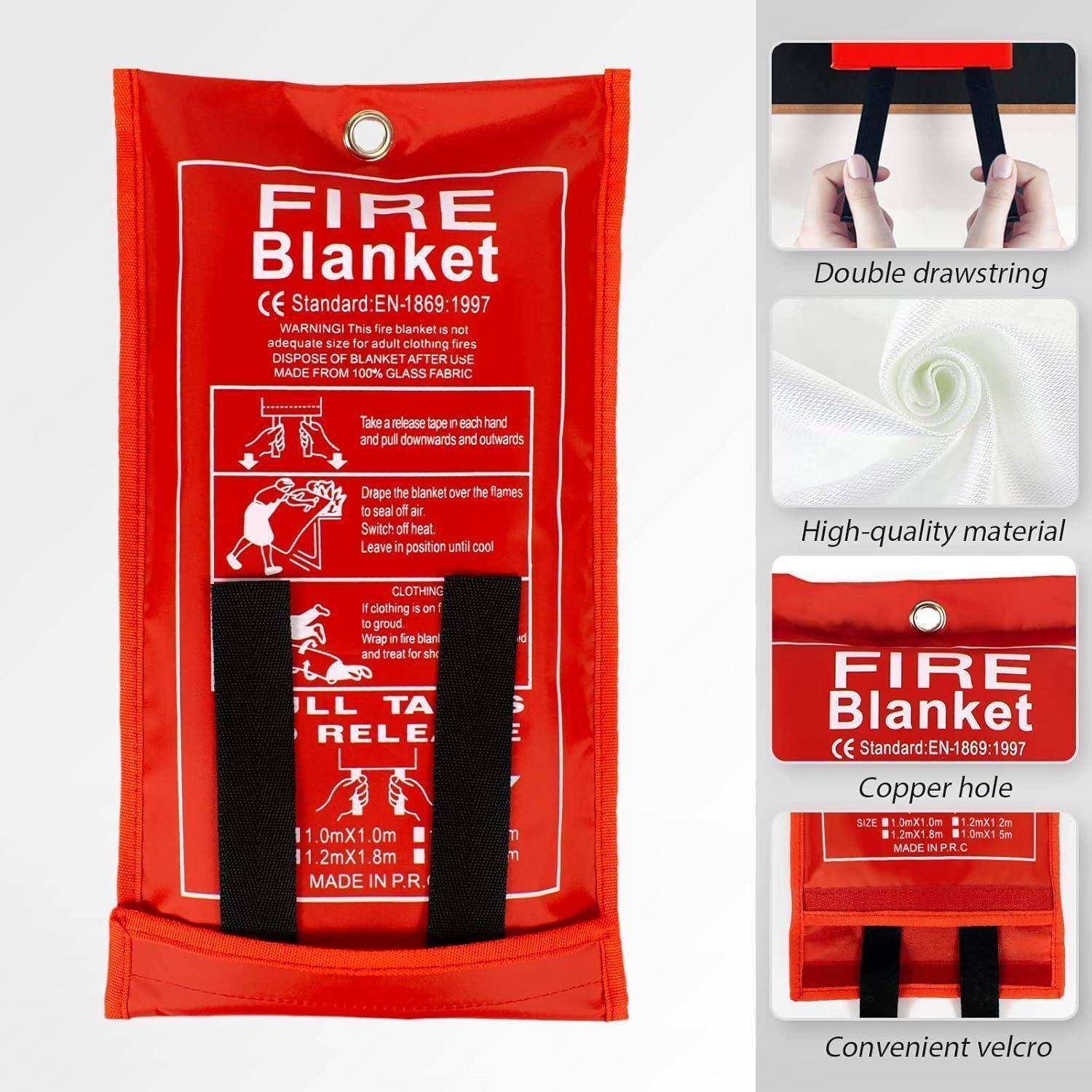 Feuerlöschdecke mit roter Verpackung, Sicherheitshinweisen und Konformitätsangaben. Seitenleiste zeigt Merkmale: doppelte Kordelzugbänder, hochwertige Materialien, Kupferloch, Klettverschluss.