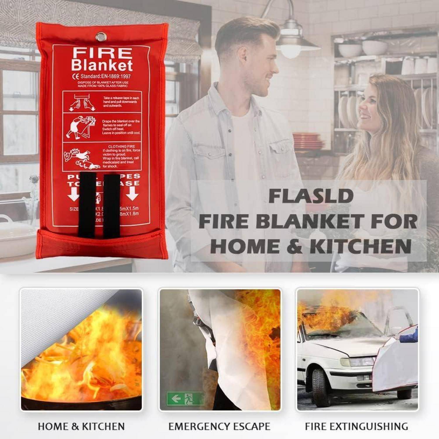 Ein Mann und eine Frau lächeln in einer Küche neben einem Löschdeckenpaket. Text darunter hebt die Verwendungsmöglichkeiten der Löschdecke hervor: 'Haus & Küche', 'Notfall-Flucht', 'Feuer Löschen'.