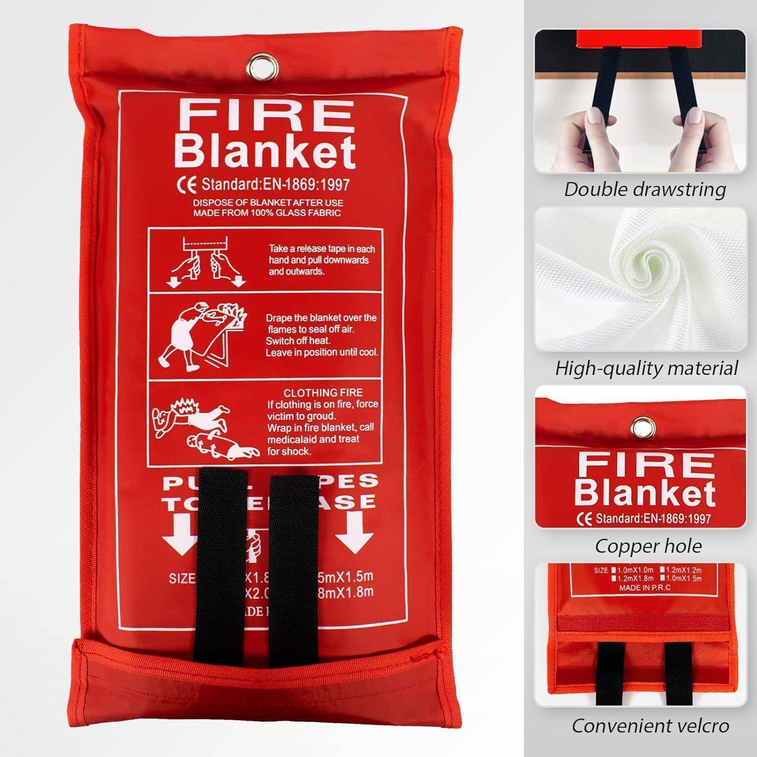 Rote Feuerlöschdecke mit Anleitung und Gebrauchsillustration. Etiketten heben Merkmale wie doppelte Zugbänder, hochwertiges Material, Kupferloch und praktischen Klettverschluss hervor.