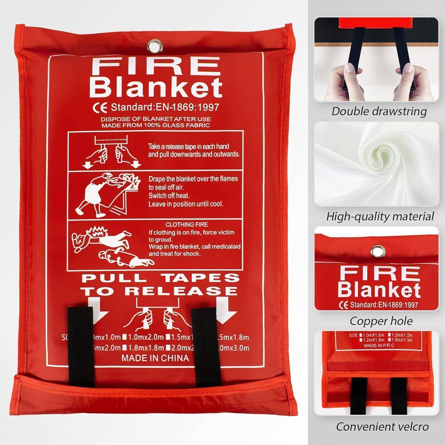 Rote Feuerlöschdecke mit Verpackung und Anleitung, Zugbänder, und Merkmalen: doppelte Kordelzüge, hochwertiges Material, Kupferloch, Klettverschluss.