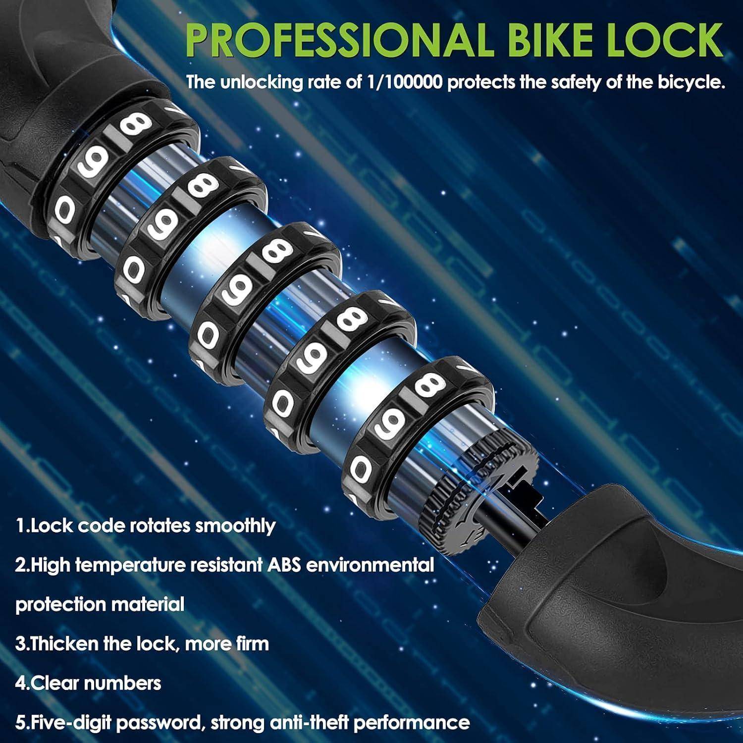 Professionelles Fahrradschloss mit rotierendem Zahlenschloss, robustem ABS-Material, verstärktem Schloss, deutlichen Ziffern und einem fünfstelligen Passwort.