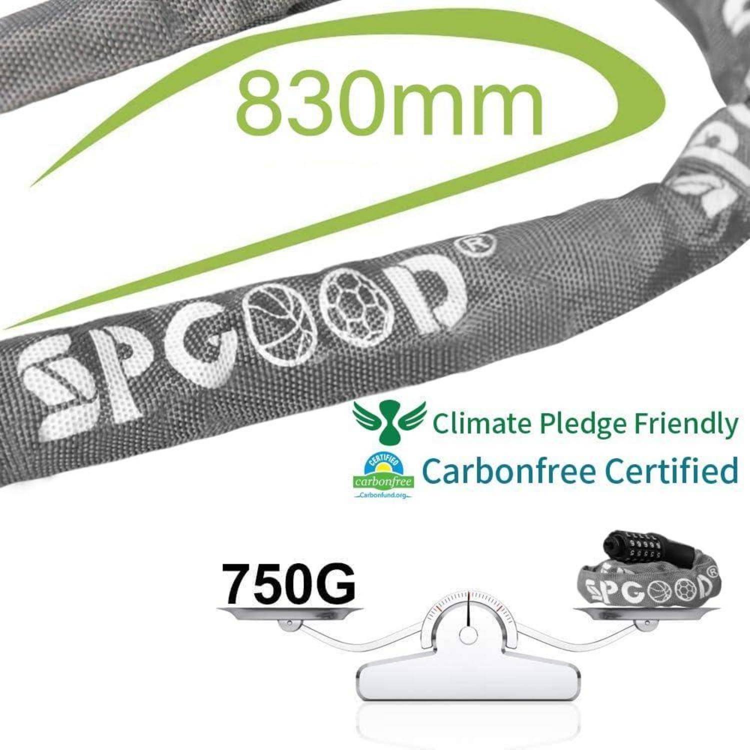 Fahrradschloss mit der Aufschrift 'SPGOOD', 830 mm lang, Gewicht 750 g, gekennzeichnet als klimafreundlich und mit Carbonfree-Zertifikat.