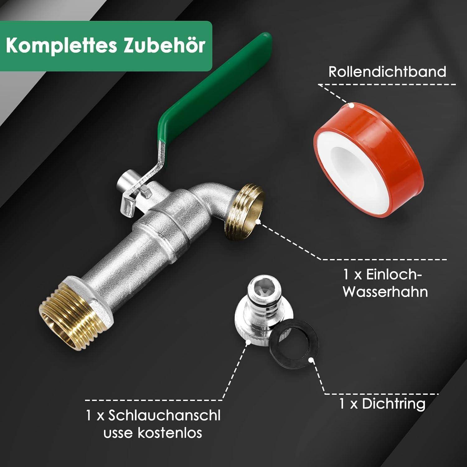 Das Bild zeigt einen zerlegen Wasserhahn-Satz mit Beschriftungen: 'Rollendichtband', 'Einloch-Wasserhahn', 'Dichtring' und 'Komplettes Zubehör'.