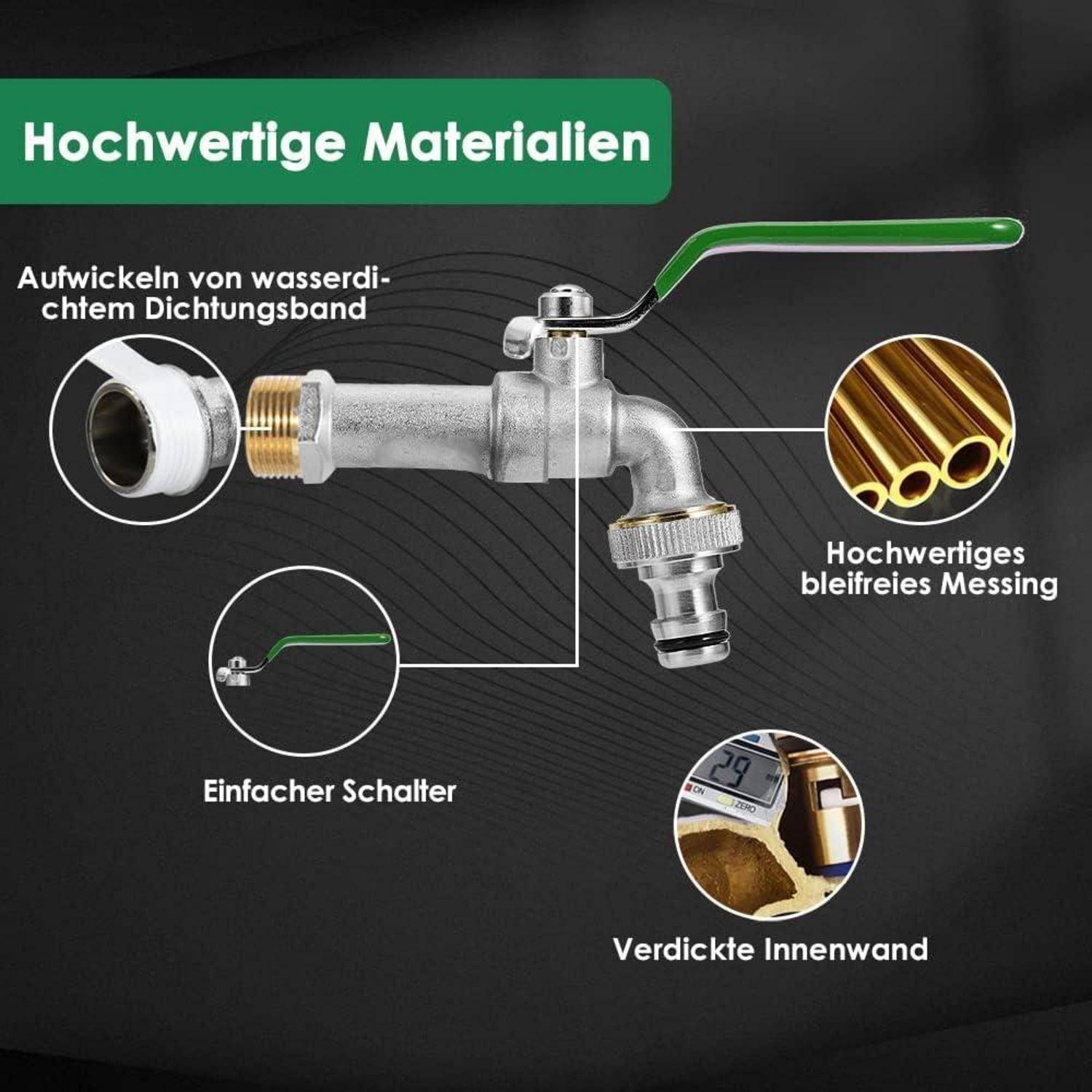 Ein Diagramm eines Wasserhahns hebt 'Hochwertige Materialien' hervor, das Merkmale wie 'Einfacher Schalter' und 'Hochwertiges bleifreies Messing' zeigt.