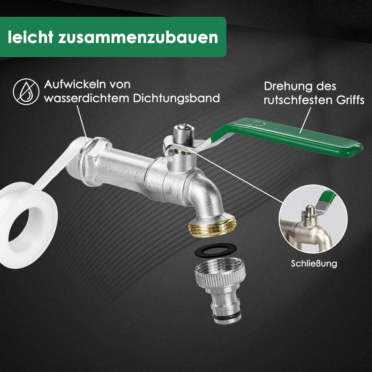 Bild zeigt eine Metallarmatur mit einem grünen Griff. Beschriftungen beinhalten: 'Aufwickeln von wasserdichtem Dichtungsband' und 'Drehung des rutschfesten Griffs'. Nahaufnahme des Anschlussbereichs hebt 'Schließbung' hervor.
