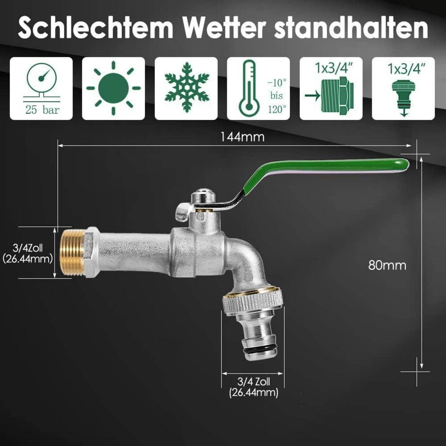 Grafik zur Haltbarkeit von Außenwasserhähnen mit Maßangaben: 144 mm Länge, 80 mm Höhe und 3/4-Zoll-Anschlüssen. Hervorgehoben werden die Widerstandsfähigkeit gegen 25 bar Druck, Witterungseinflüsse und ein breites Temperaturspektrum.