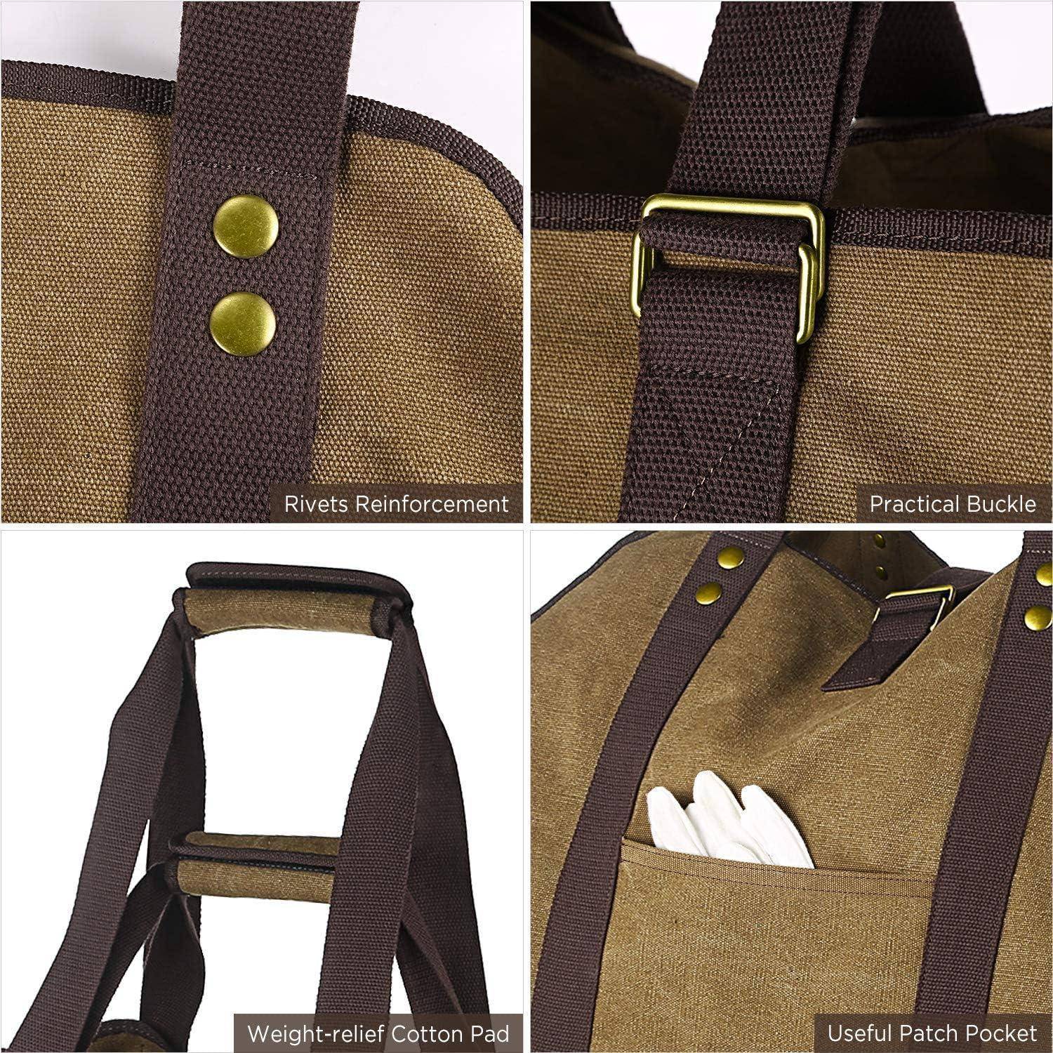 Tote-Bag-Details: 'Nieten-Verstärkung' für Langlebigkeit, 'Praktische Schnalle', 'Gewichtsentlastende Baumwollpolsterung' für Komfort und 'Nützliche Aufnahtasche'.