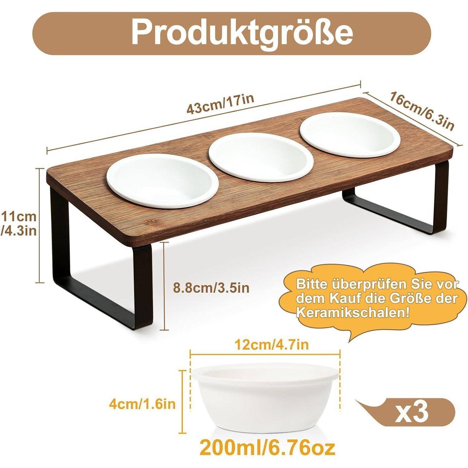 Holz-Servierstativ mit drei Schalen, 43 cm lang, Schalen mit je 200 ml Fassungsvermögen.