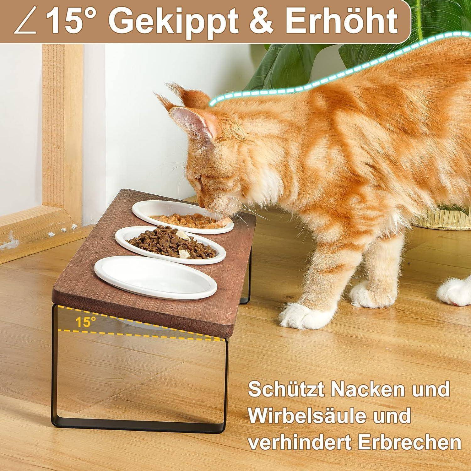 Eine Katze frisst von einer angehobenen, geneigten Futterstation mit der Aufschrift „15° Gekippt & Erhöht