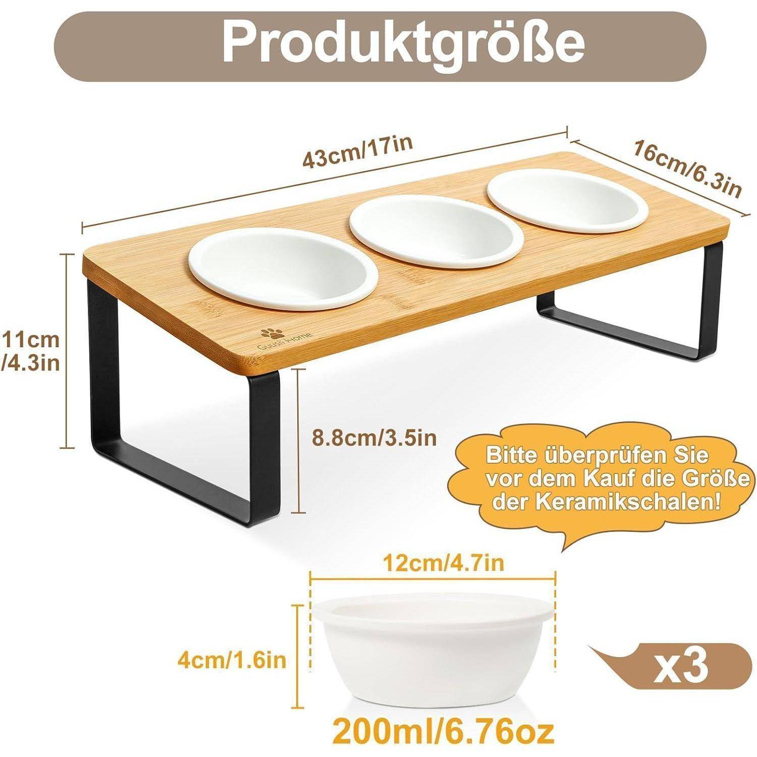 Produktgröße: Holzständer mit drei Keramikschalen, je 200ml/6,76oz, Abmessungen: 43cm/17in Länge, 16cm/6,3in Breite, 11cm/4,3in Höhe.