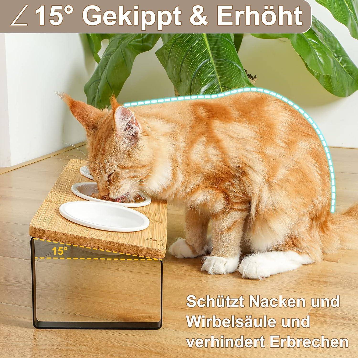Ein Katze frisst aus einem geneigten und erhöhten Futternapf auf einem Holzständer in einem Winkel von 15°. Text liest sich: '15° Gekippt & Erhöht' und 'Schützt Nacken und Wirbelsäule und verhindert Erbrechen.