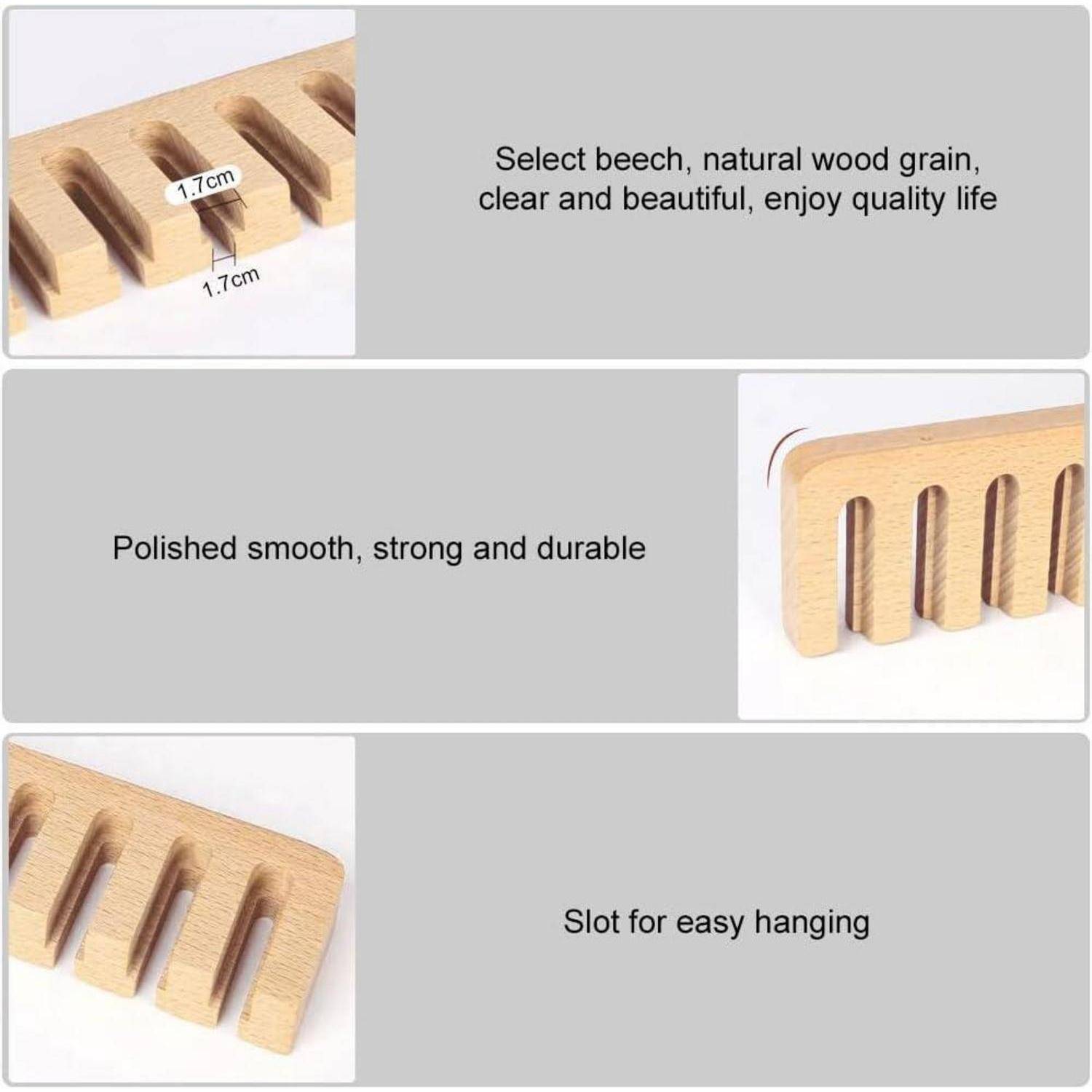 Holzgestell mit abstandshaltendem Schlitz, wobei jeder Schlitz 1,7 cm misst. Als robust und poliert beschrieben, mit Schlitzen, die ein einfaches Aufhängen ermöglichen.
