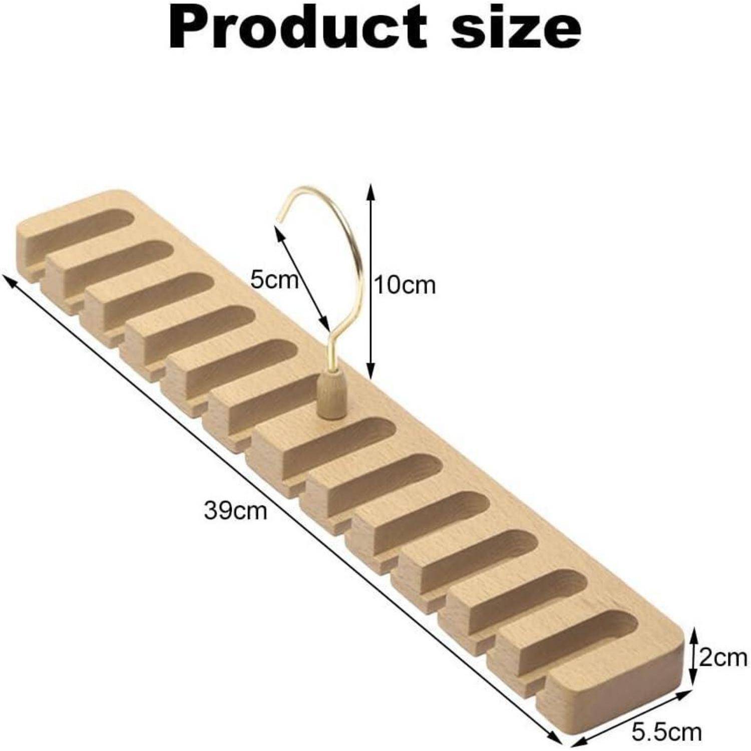 Holzständer-Abmessungen: Höhe 2 cm, Länge 39 cm, Breite 5,5 cm; Rillentiefe 1 cm, Breite 5 cm. Metallhaken-Höhe 10 cm.