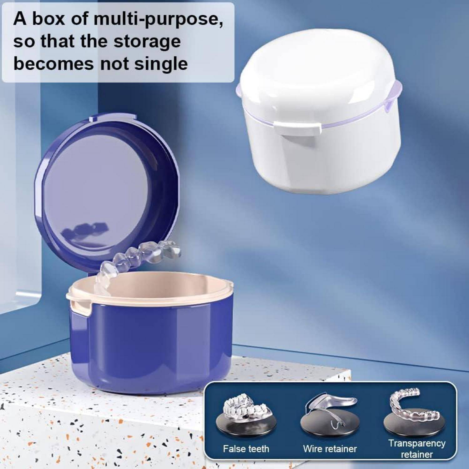 Zahnspangendose Prothesendose Aufbewahrungsbox Sieb Doppelschicht Blau