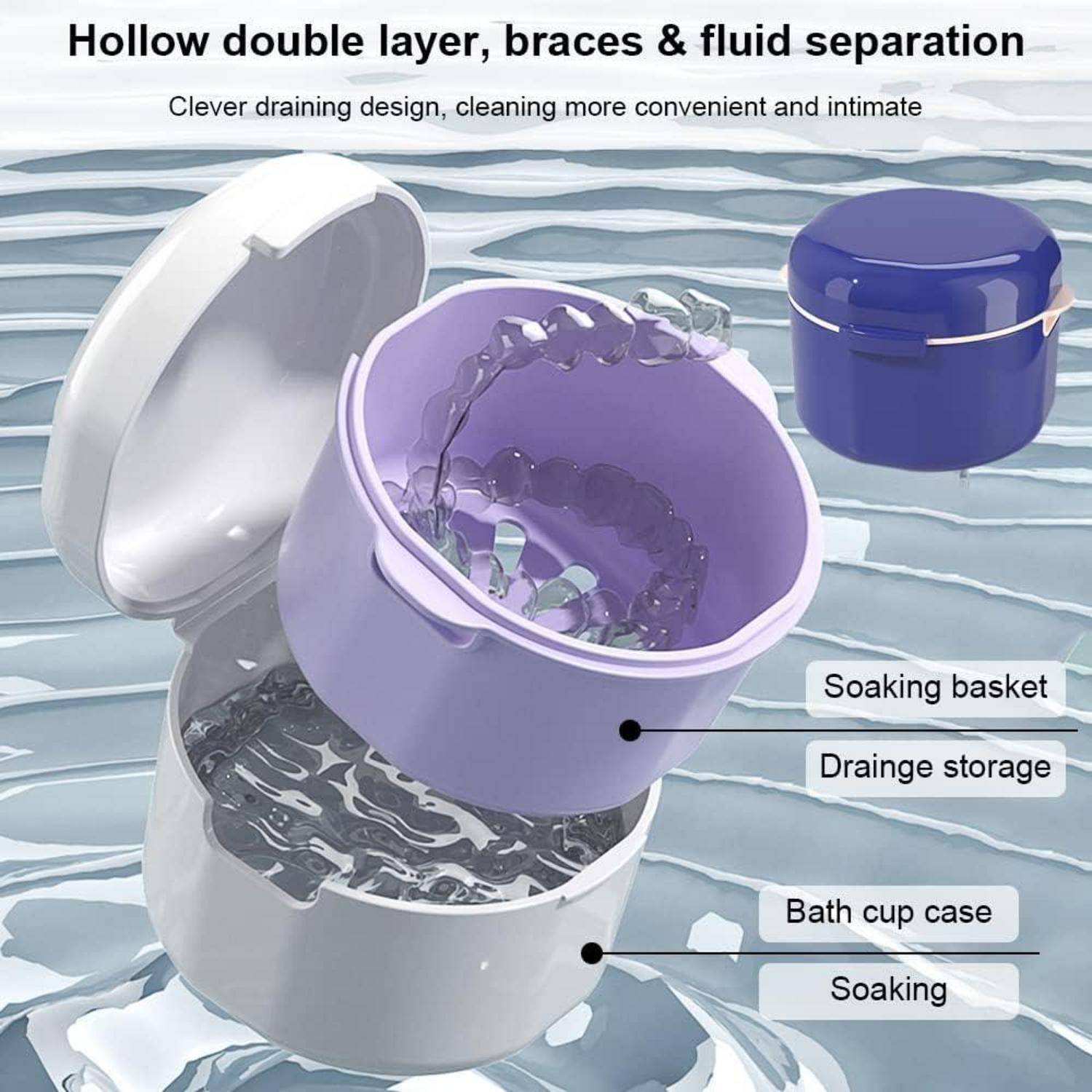 Zahnspangendose Prothesendose Aufbewahrungsbox Sieb Doppelschicht Blau