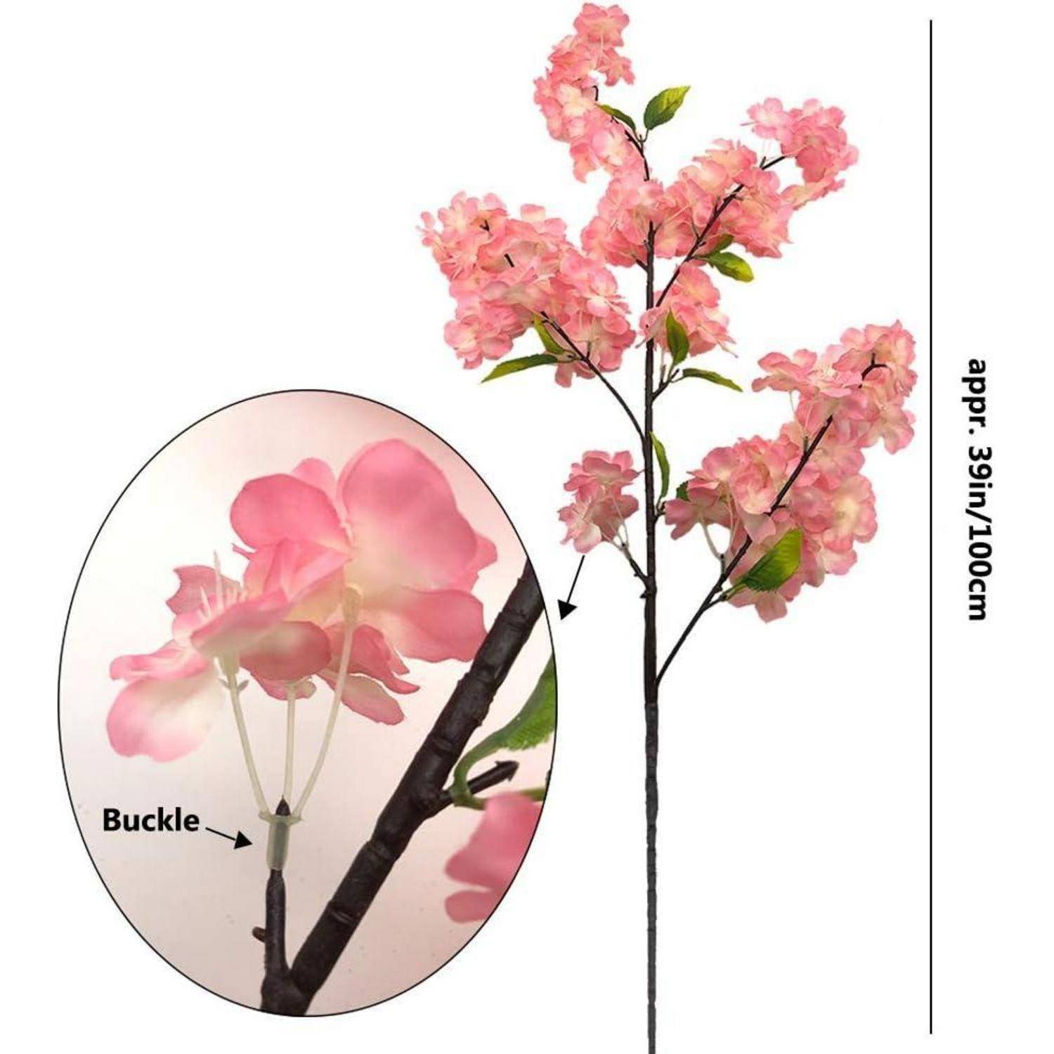 Künstlicher Kirschblütenzweig, rosa Blüten, 39 Zoll hoch mit detaillierter Nahansicht, die die Schnallenanbringung am Stiel zeigt.