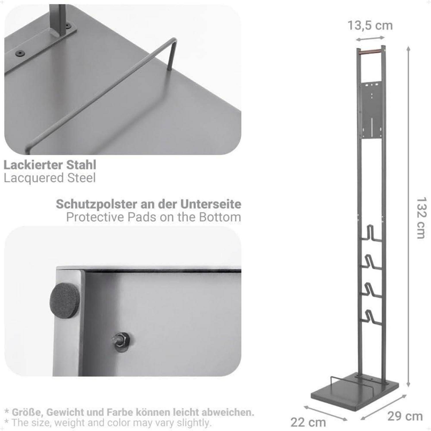 Ein hoher, rechteckiger, lackierter Stahlständer mit Schutzpolstern an der Unterseite. Abmessungen: 132 cm Höhe, 29 cm Breite und 22 cm Tiefe.