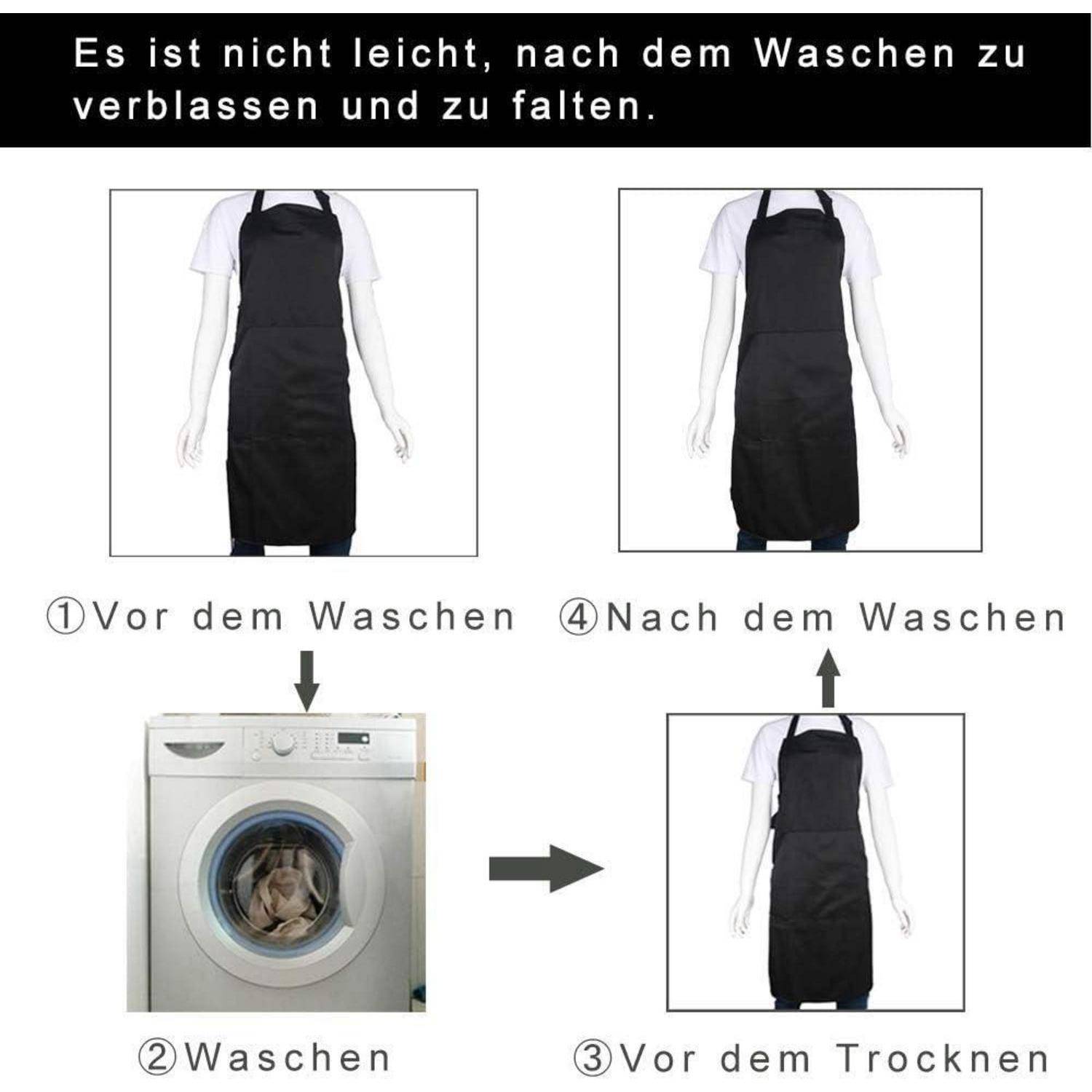 Eine Grafik veranschaulicht die Kleidungspflege: (1) Schürze vor dem Waschen, (2) in der Waschmaschine, (3) nach dem Trocknen, (4) nach dem Waschen. Der Text vermerkt Herausforderungen beim Waschen.