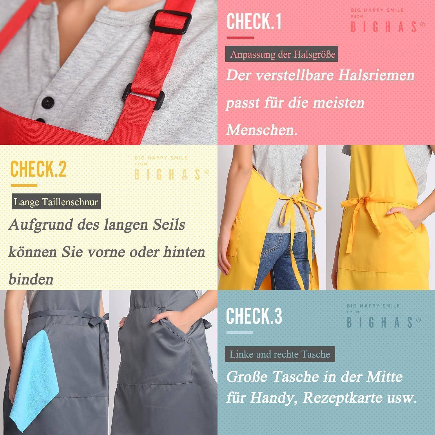 Zeigt drei Schürzen mit Anweisungen: 1) Träger einstellen; 2) Seitennähte wegen der Länge zusammenbinden; 3) Große Mitteltasche für Utensilien.