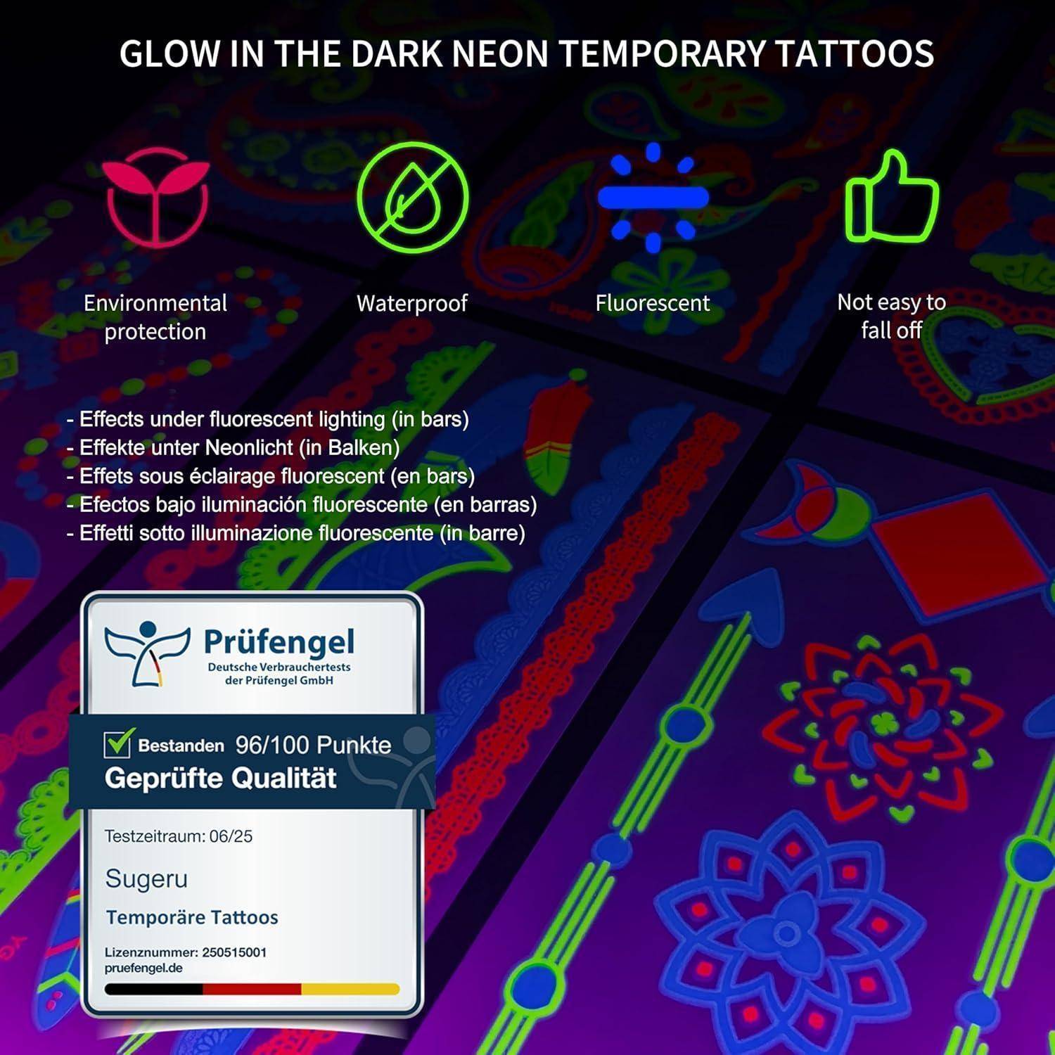 Temporäre Tattoos in Neon mit Leuchteffekt. Eigenschaften umfassen Umweltschutz, Wasserdichtigkeit und hohe Haltbarkeit. Testergebnis: 96/100.