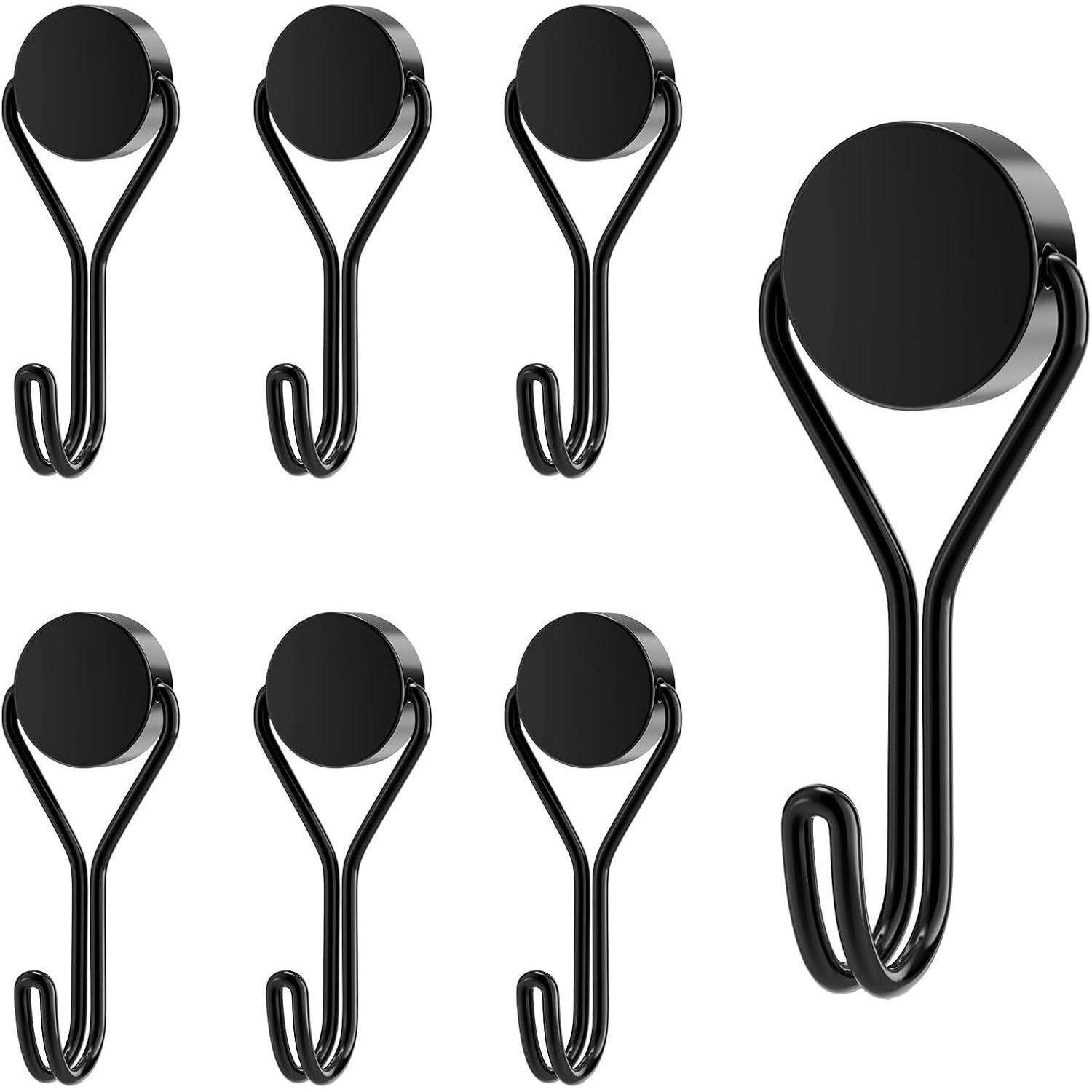 Ein Set aus sechs schwarzen magnetischen Haken unterschiedlicher Größen, angeordnet in zwei Reihen. Jeder Haken hat einen kreisförmigen Oberteil und einen doppelten Hakenboden.