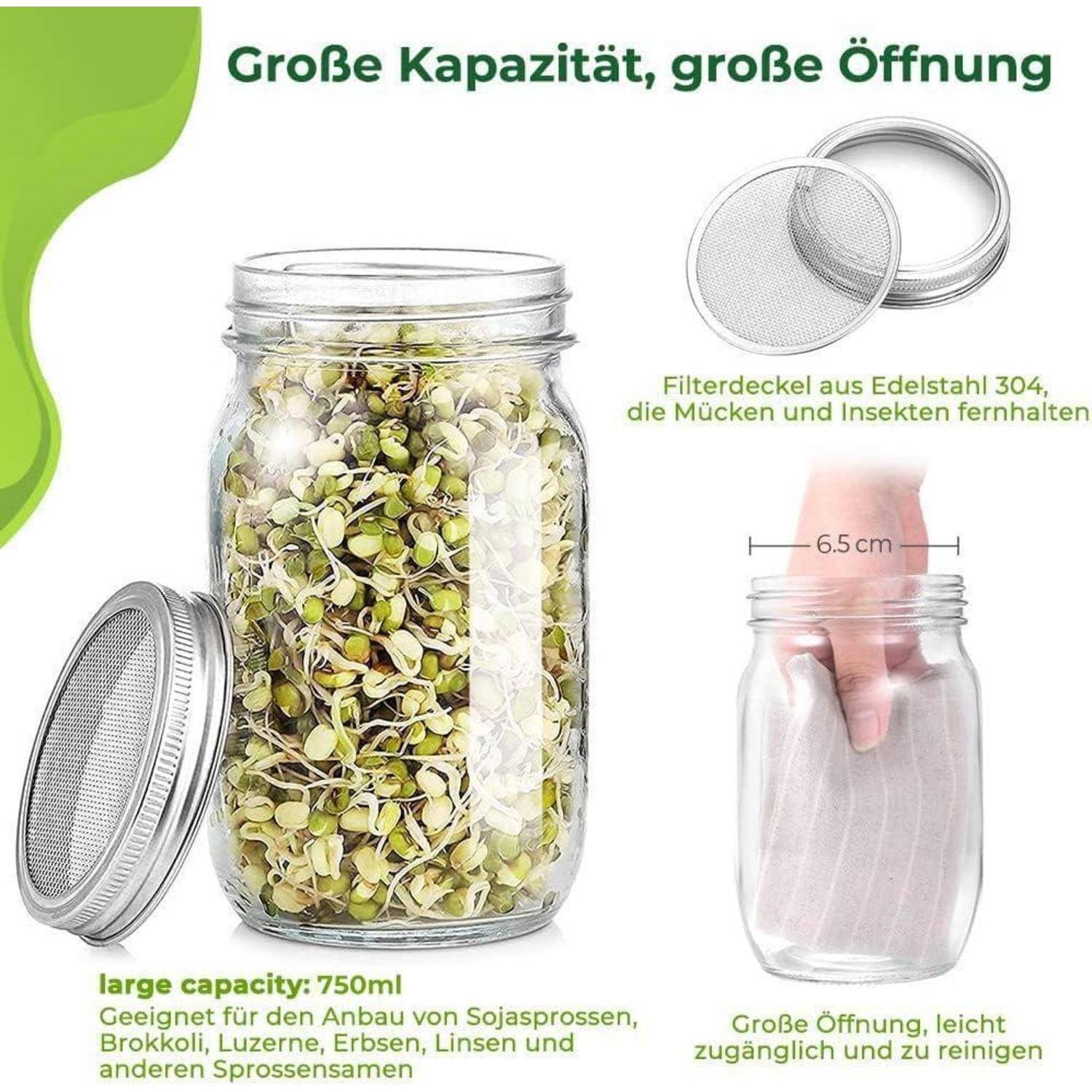 Ein großes Glasgefäß gefüllt mit Sprossen, ausgestattet mit einem Deckel aus Edelstahl mit Filterung, um Insekten fernzuhalten. Hand, die den Deckel des Glases hält. Text hebt die Kapazität von 750 ml hervor.