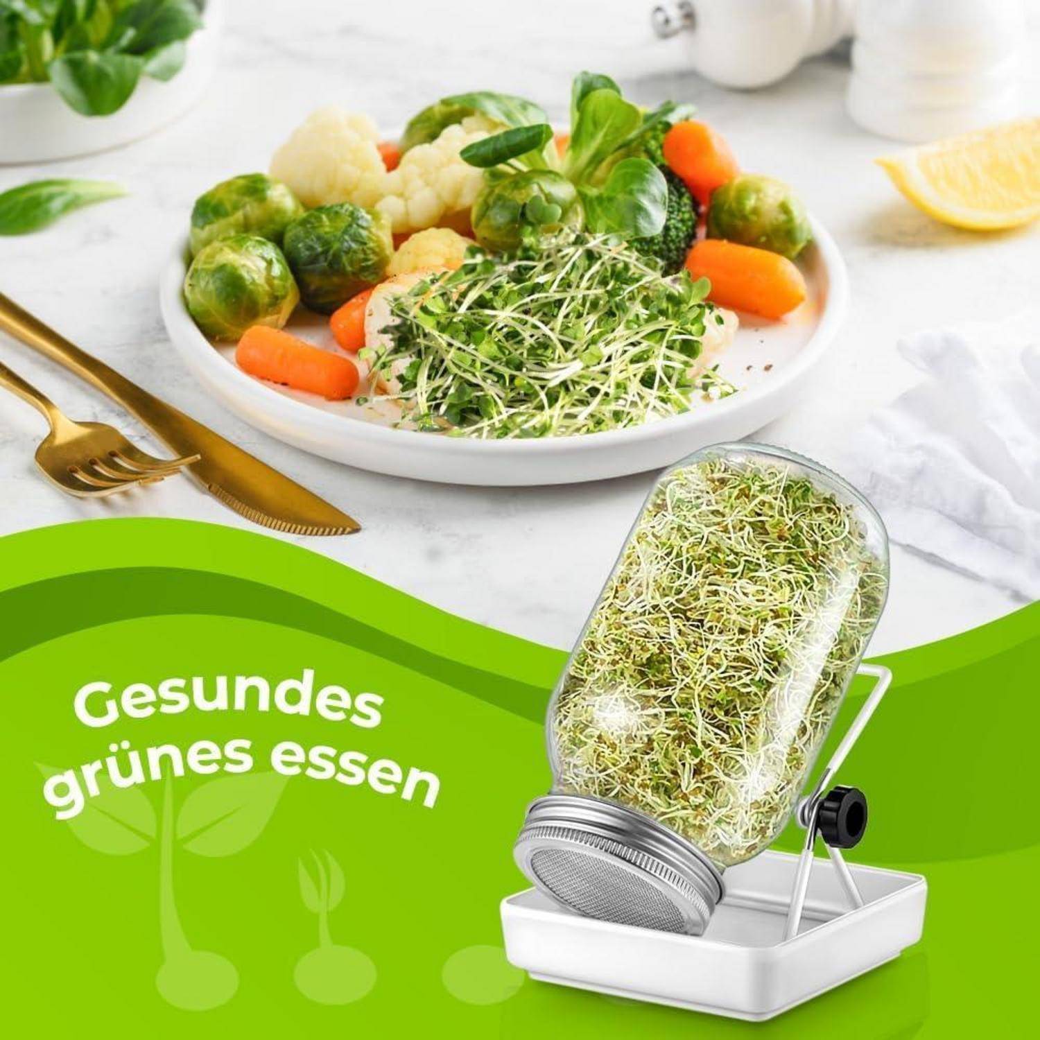 Eine Platte mit gemischtem Gemüse neben einem Glas mit Sprossen. Der Text lautet 