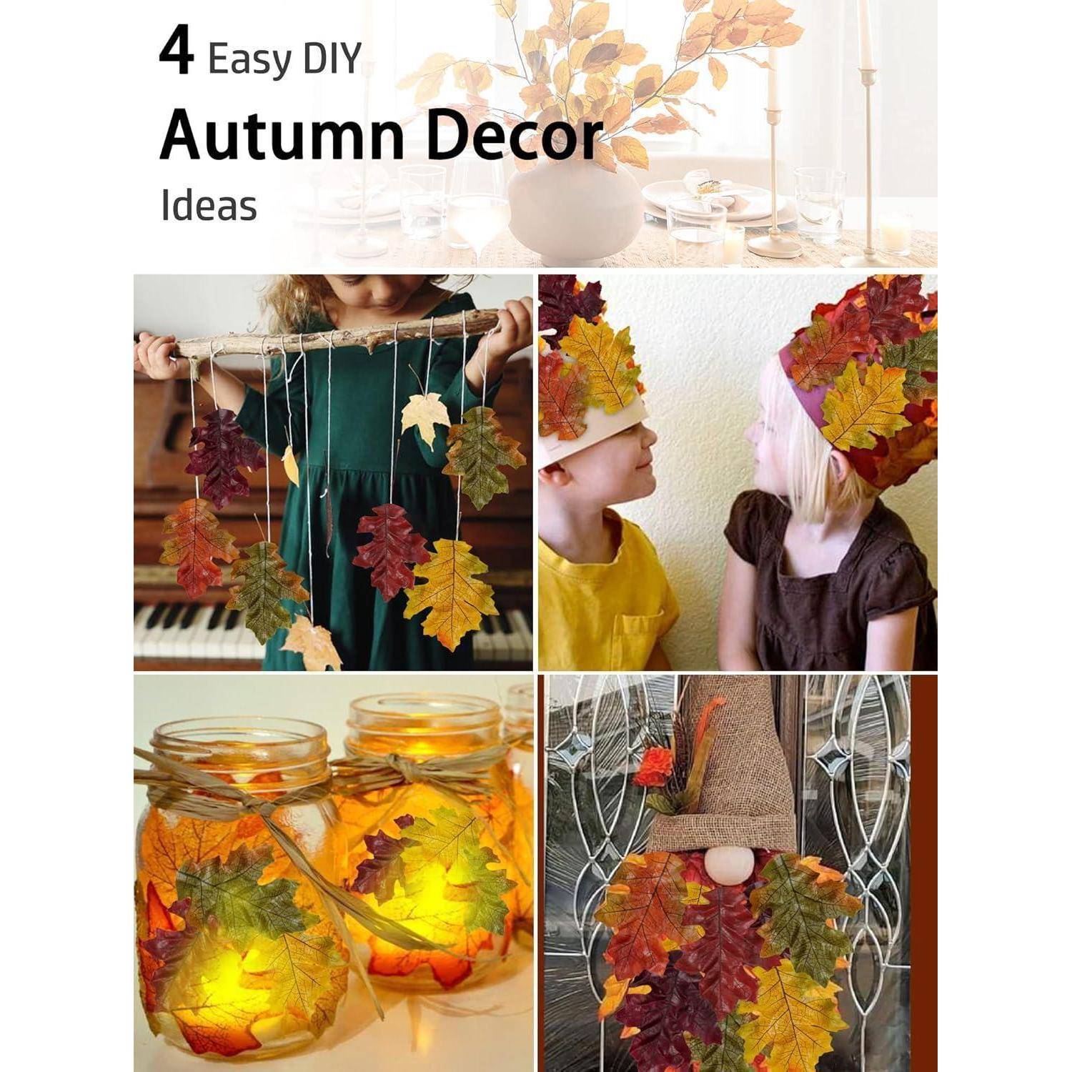 Eine Collage mit dem Titel "4 einfache DIY-Herbstdeko-Ideen"" zeigt Herbstblätter, Kinder mit Blätterhüten, blattgeschmückte Gläser und einen herbstlich gestalteten Vogelscheuchen-Stil.